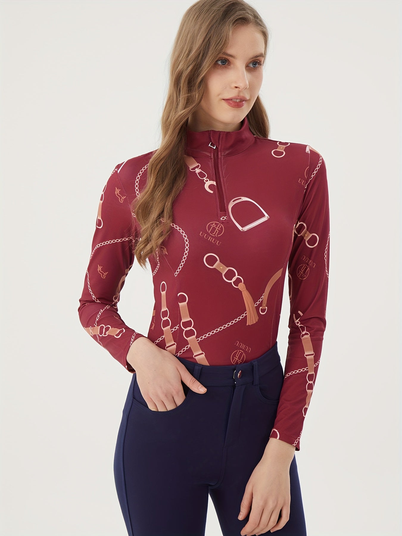 Printed Women's Long Sleeve Equestrian Top, High Stretch Slim Fit Riding Apparel with Contrast Colors and Stand Collar for Horse Competitions - May Have White Stains from Printing