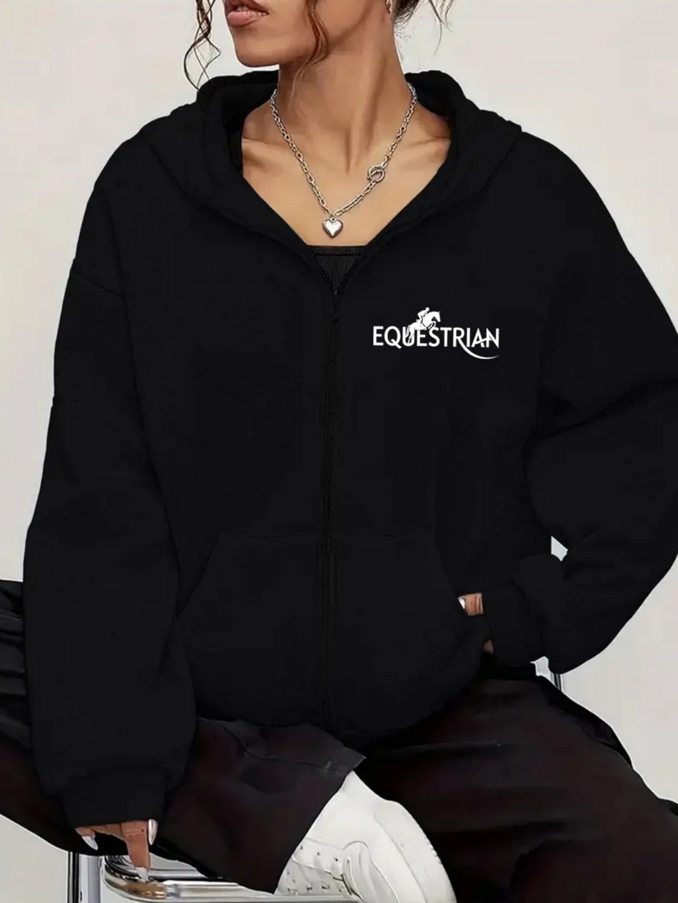 Women's Equestrian Print Hooded Zip-Up Jacket - Horse Head & Lettering Design, All-Season Casual Sportswear Coat, Machine Washable Relaxed Fit Outerwear for Horseback Riding & Everyday Use