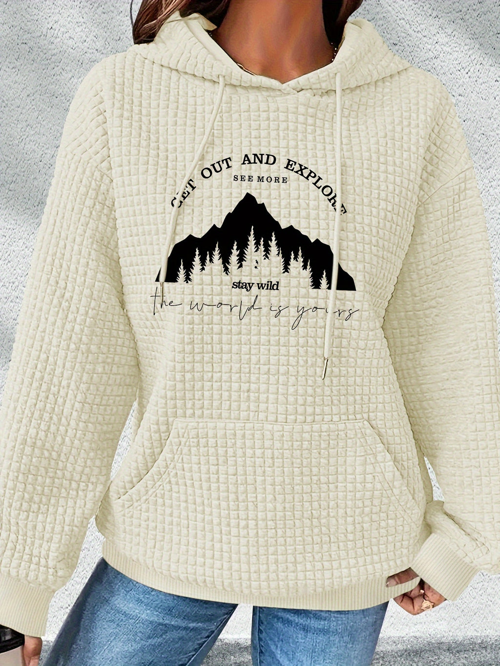 graphic print hoodie, drawstring casual hooded sweatshirt for winter & fall, Women's clothing, Loungewear, Winter Fashion, Urban Style, Geometric Pattern, Cozy Fabric, Quality Stitching, Unisex Style, Printed Hoodie, Women's