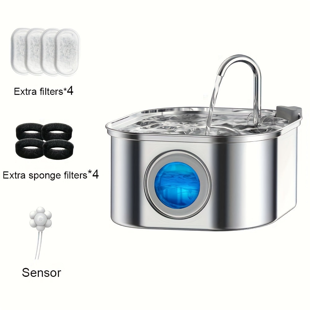 3.2L/108z Automatic Cat Water Fountain Stainless Steel Pet Water Feeder Dog Water Fountain with window Multi-Filtration System Silent Suitable for Many Pets Easy to Clean 2 Flow Mode plug-in Cat and Dog Water Feeder No 5V 1A