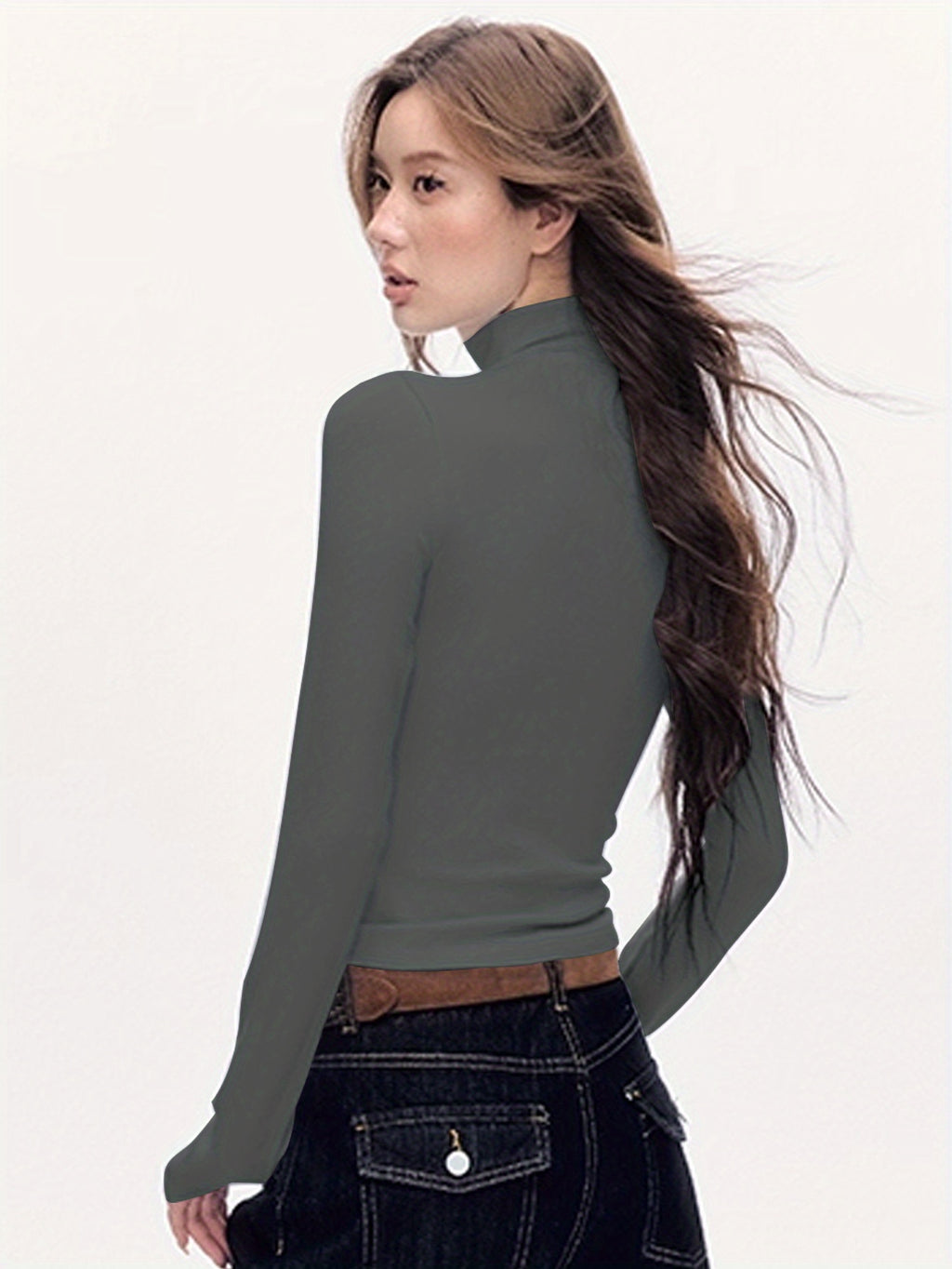 Women'S Elegant Half-Turtleneck Long Sleeve T-Shirt - Soft Fleece-Like Fabric, Black with White Horse Silhouette & Golden Accents, Machine Washable, Versatile Casual & Formal Wear, Winter Warmth, 2025 Autumn Winter Essential,