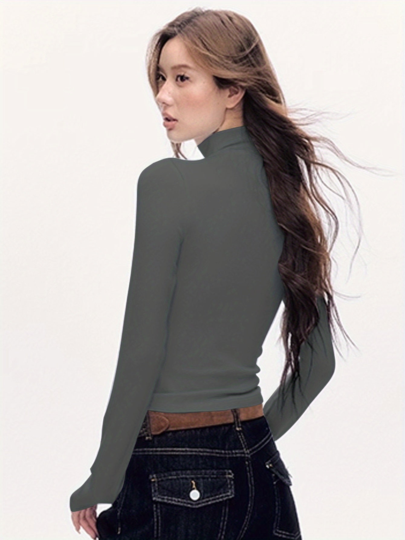 Women'S Elegant Half-Turtleneck Long Sleeve T-Shirt - Soft Fleece-Like Fabric, Black with White Horse Silhouette & Golden Accents, Machine Washable, Versatile Casual & Formal Wear, Winter Warmth, 2025 Autumn Winter Essential,