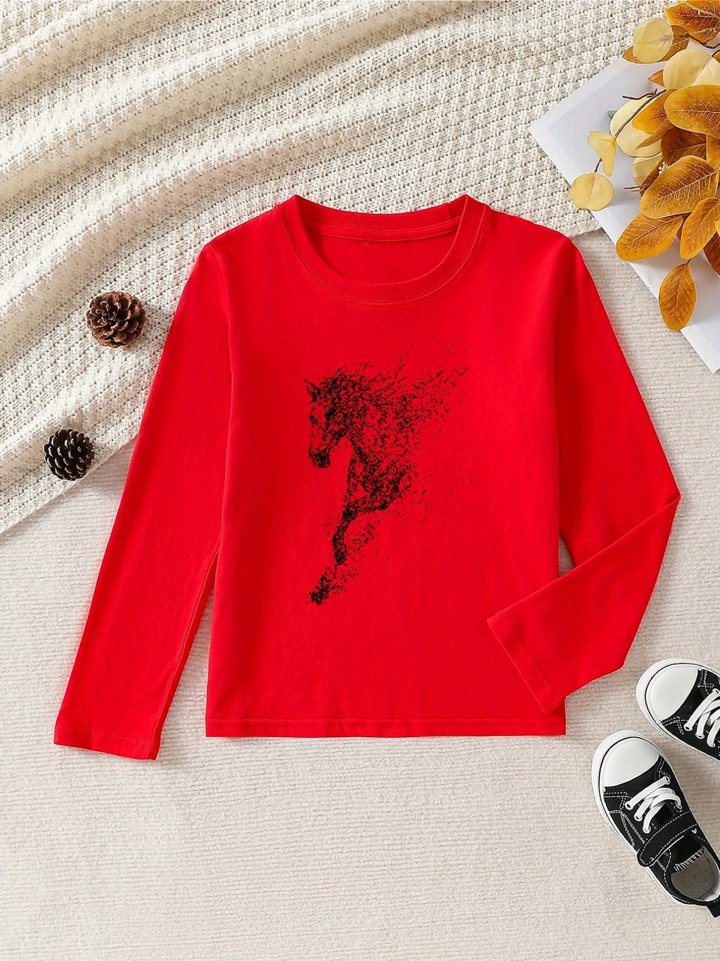 Girls' 100% Cotton Long Sleeve T-Shirt - Soft & Breathable Everyday Top with Horse & Rider Equestrian Print, Round Neck Casual Pink Blouse for Home, Outdoor & Sports | All-Season Comfort, Machine Washable, Ideal for Horseback