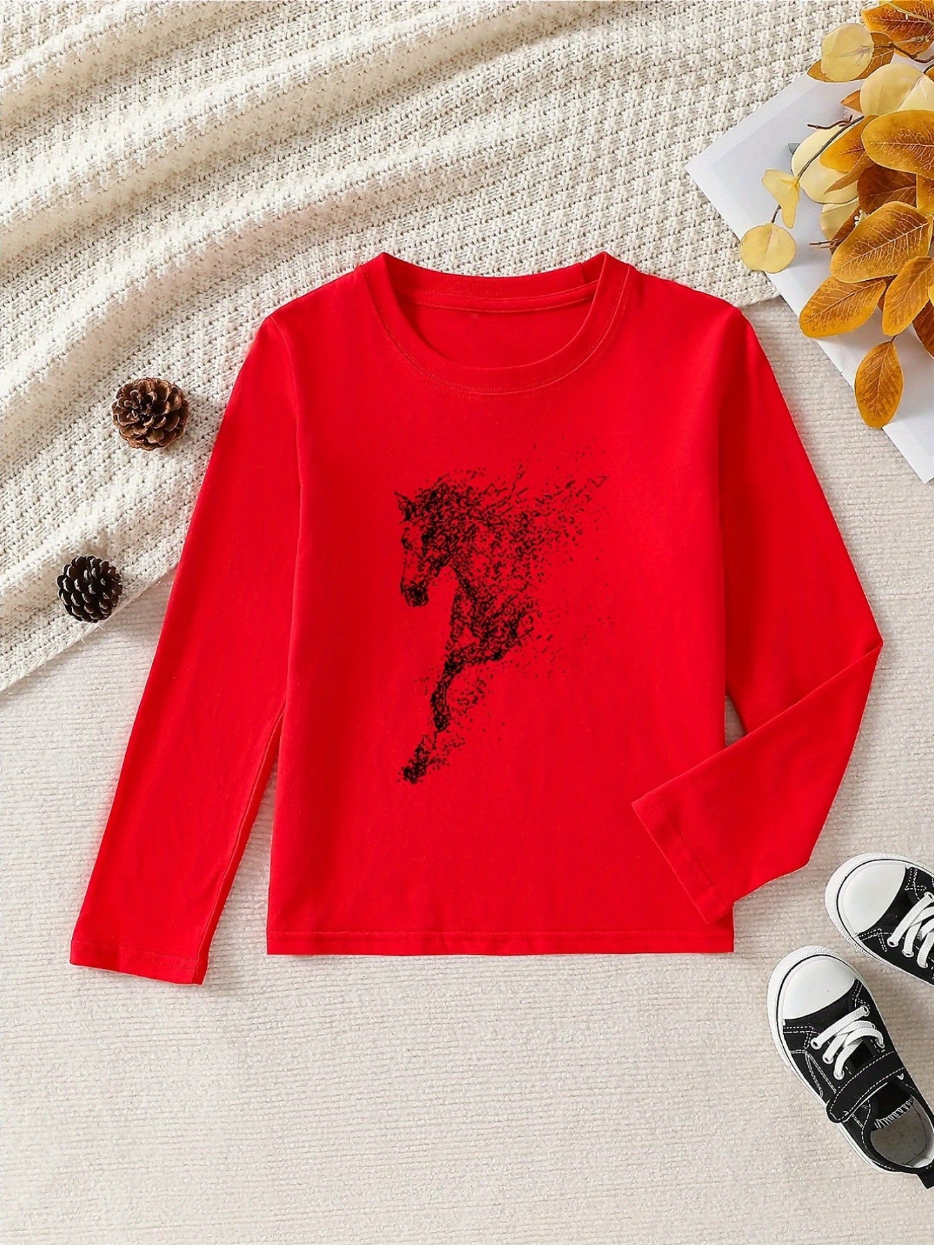 Girls' 100% Cotton Long Sleeve T-Shirt - Soft & Breathable Everyday Top with Horse & Rider Equestrian Print, Round Neck Casual Pink Blouse for Home, Outdoor & Sports | All-Season Comfort, Machine Washable, Ideal for Horseback