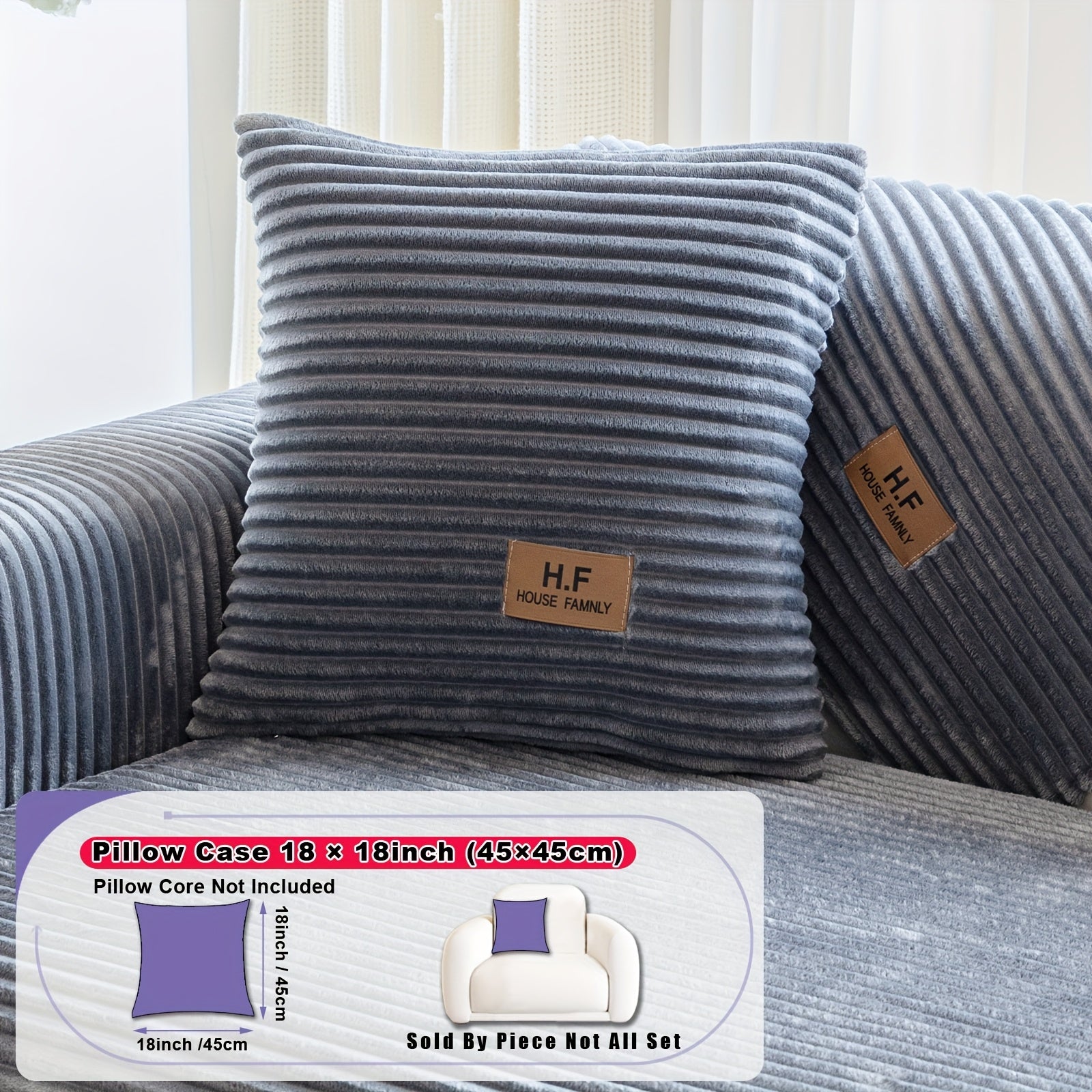 1pc HF Modern Plush Flannel Sofa Cushion Cover - Pet-Friendly Non-Slip Sofa Protector with Striped Design & Leather-Like Patches, Machine Washable Furniture Cover for 3/2/4-Seater, Living Room, Bedroom, Office Decor, Bedroom