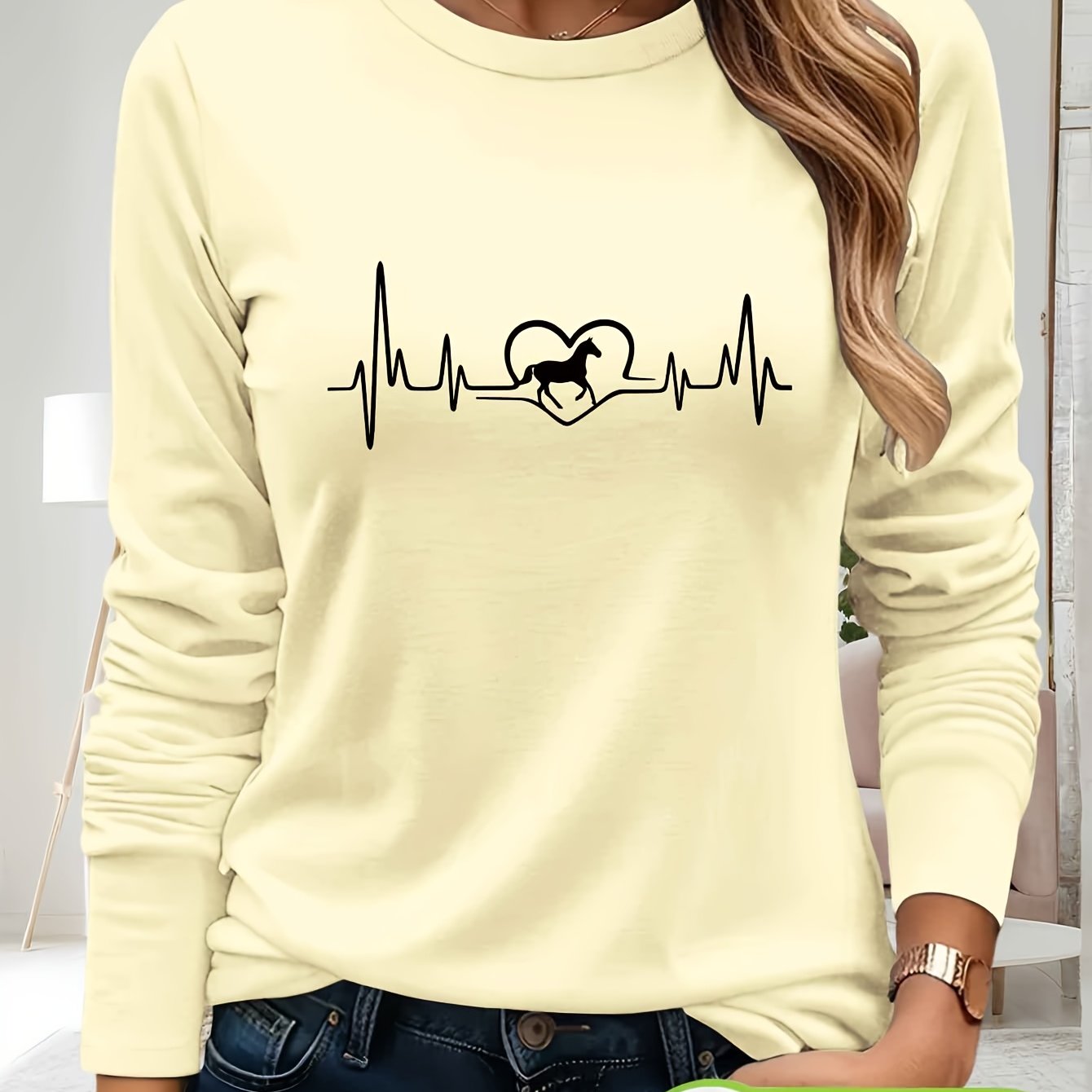 Women's 100% Cotton Long Sleeve T-Shirt - Heartbeat & Galloping Horse Graphic Print, Light Yellow Casual Round Neck Top for Spring/Summer, Machine Washable, Spring Summer Apparel, Unique Graphic Tee, Breathable Fabric, Spring