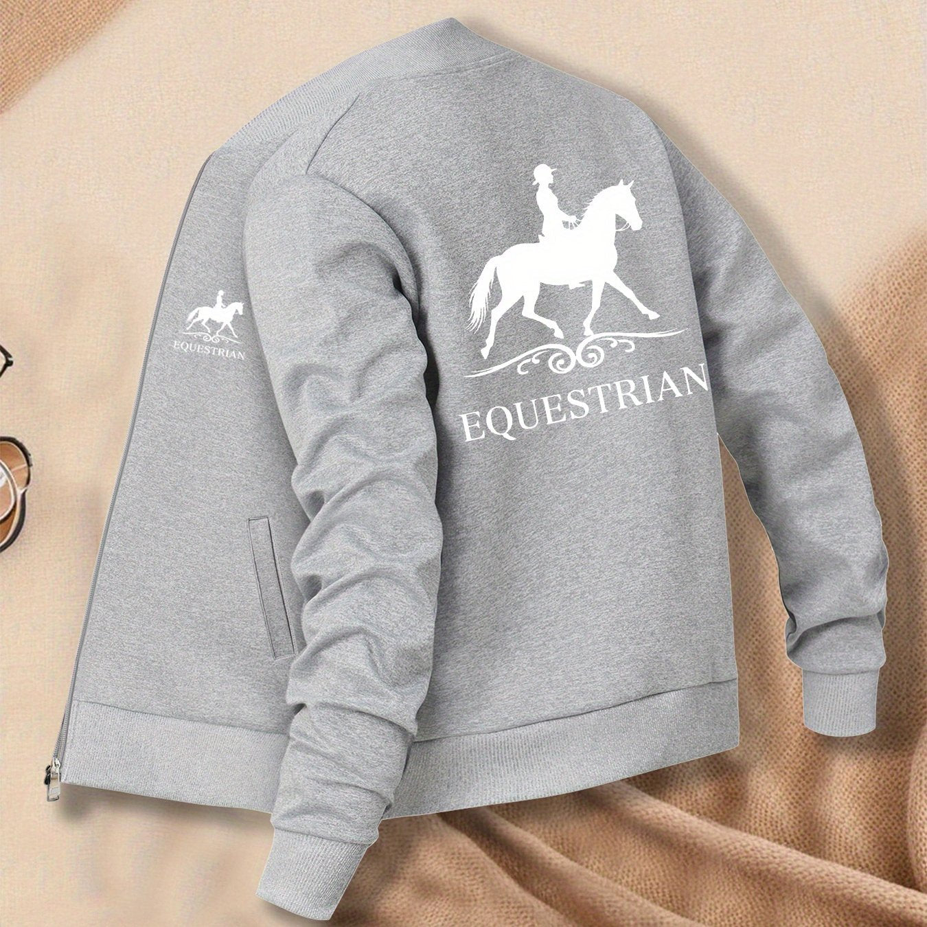 Women's Equestrian Print Casual Jacket - All-Season Comfort with Baseball Collar & Zip-Up Design, Long Sleeve Machine-Washable Coat with Pockets for Outdoor Activities, Equestrian Apparel, Durable Zipper Closure