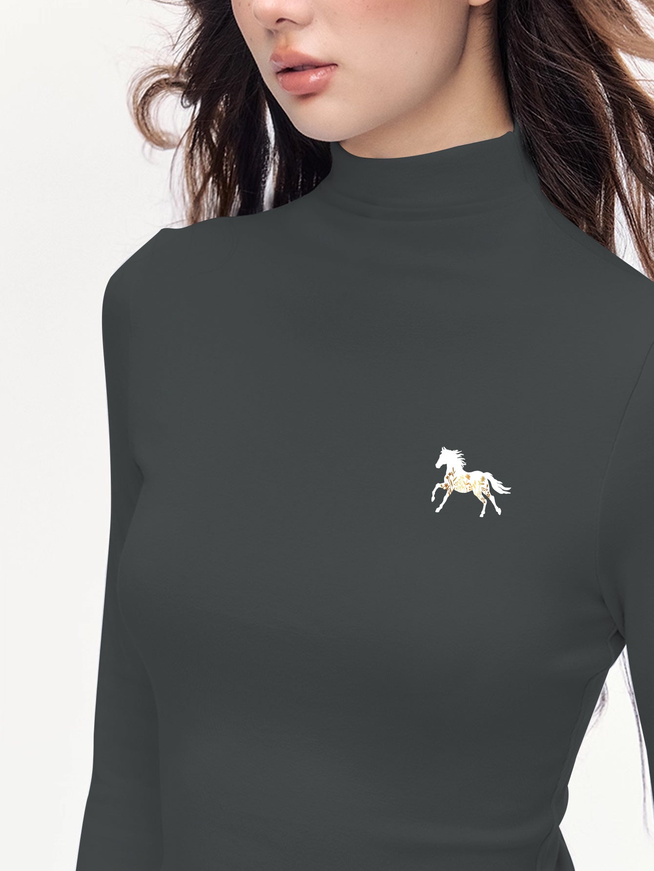 Women'S Elegant Half-Turtleneck Long Sleeve T-Shirt - Soft Fleece-Like Fabric, Black with White Horse Silhouette & Golden Accents, Machine Washable, Versatile Casual & Formal Wear, Winter Warmth, 2025 Autumn Winter Essential,