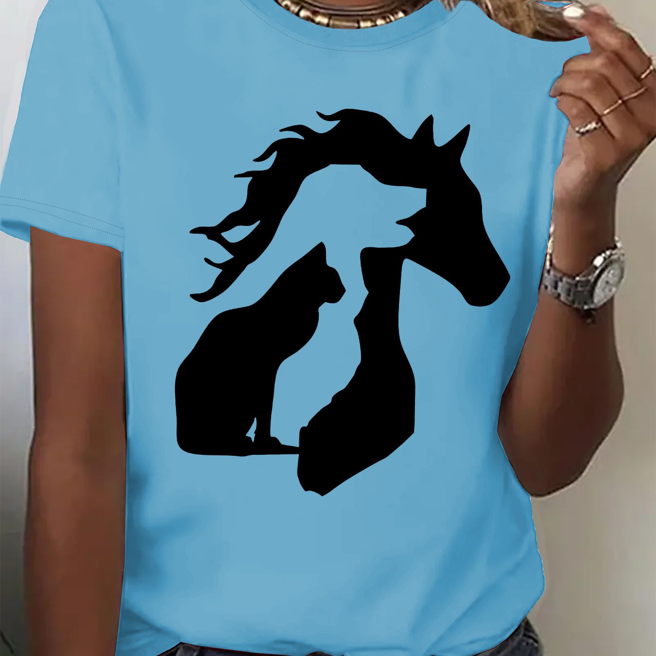 Women'S Casual Crew Neck T-Shirt with Unique Horse and Cat Silhouette Graphic, Short Sleeve Polyester Tee for Casual Attire, Allseason Top | Trendy Casual Style | Comfortable Fi