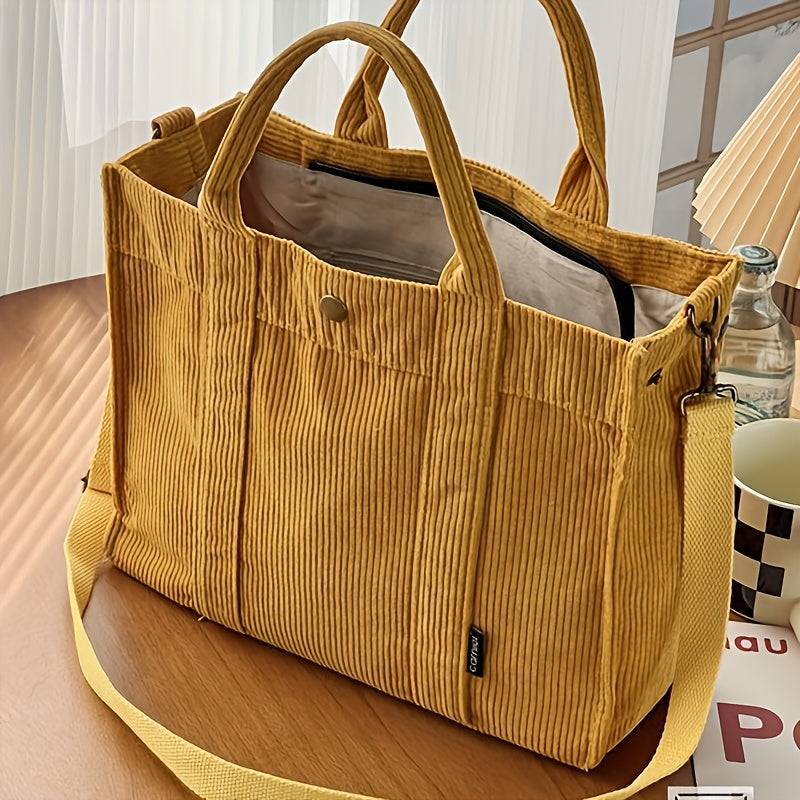 Women'S Corduroy Tote Bag - Stylish Striped Design with Zipper Closure, Thick and Durable, Perfect for Work, School, or Casual Use, Hand Wash Only, Everyday Tote Bag|Vintage Charm Bag|Soft Texture Ba