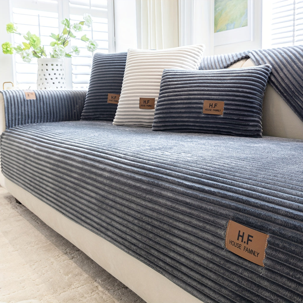 1pc HF Modern Plush Flannel Sofa Cushion Cover - Pet-Friendly Non-Slip Sofa Protector with Striped Design & Leather-Like Patches, Machine Washable Furniture Cover for 3/2/4-Seater, Living Room, Bedroom, Office Decor, Bedroom