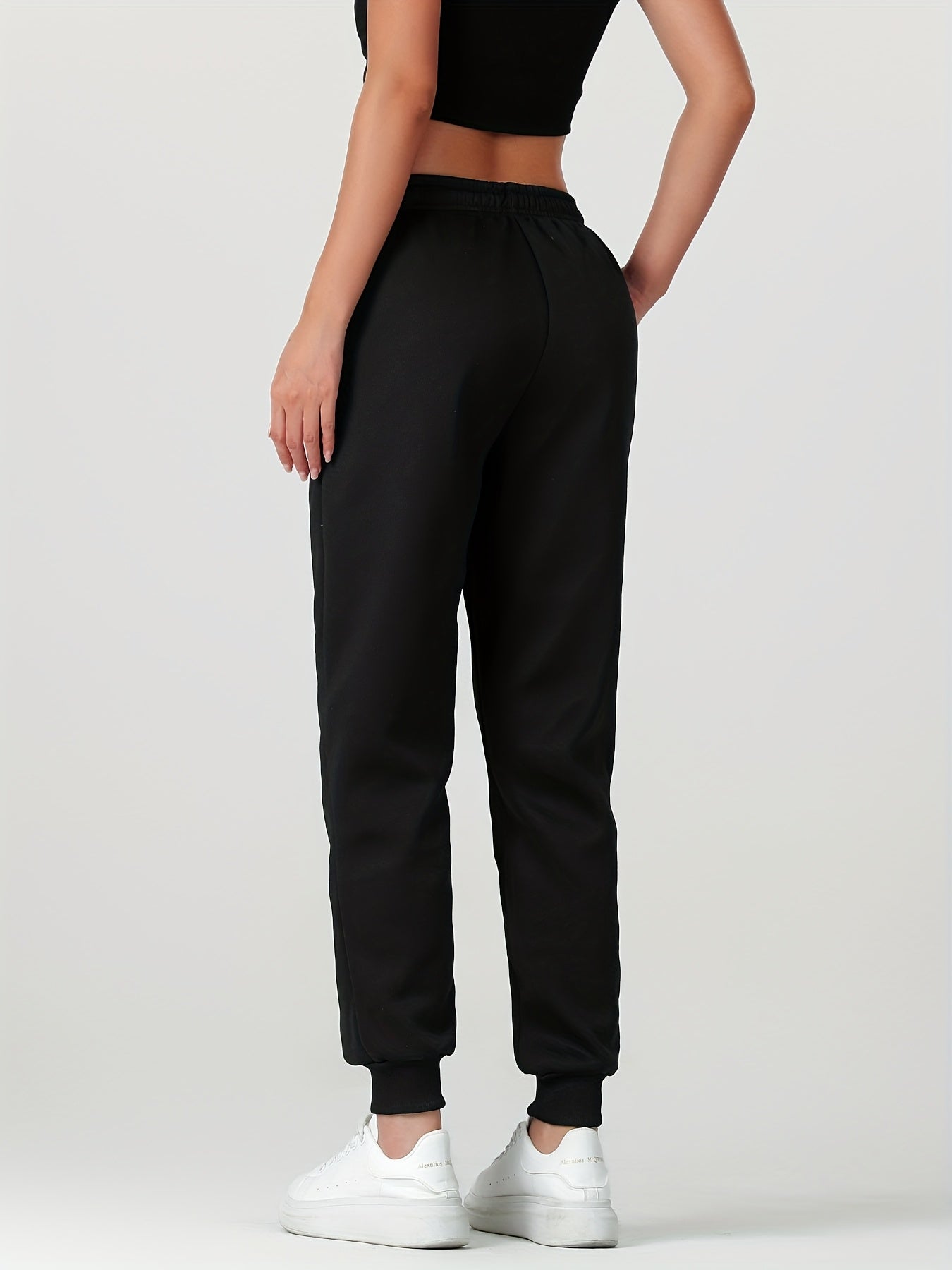 1pc Autumn Winter Women's Long Pants, Fleece-Lined Warm Casual Sports Trousers with Elastic Drawstring Waist, Slant Pockets, Windproof Thermal Cuffed Pants for Winter Daily Home Outing Hiking Leisure Wear