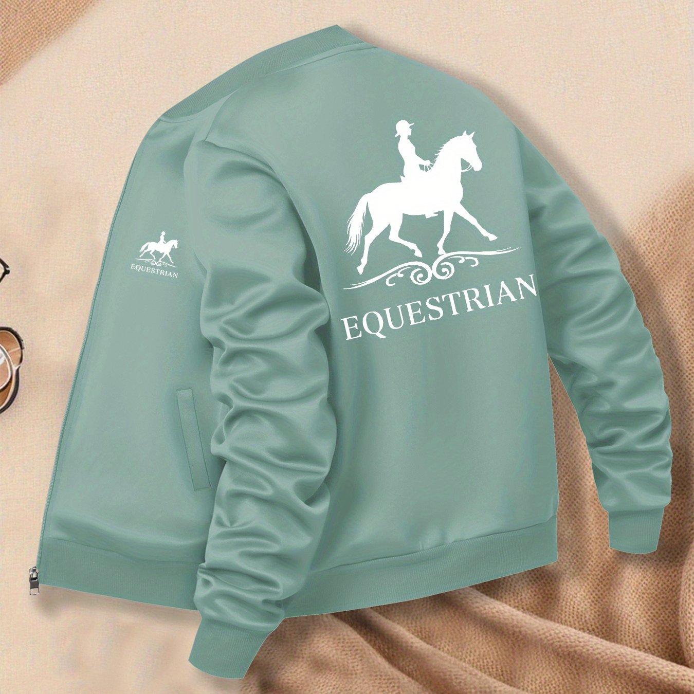 Women's Equestrian Print Casual Jacket - All-Season Comfort with Baseball Collar & Zip-Up Design, Long Sleeve Machine-Washable Coat with Pockets for Outdoor Activities, Equestrian Apparel, Durable Zipper Closure