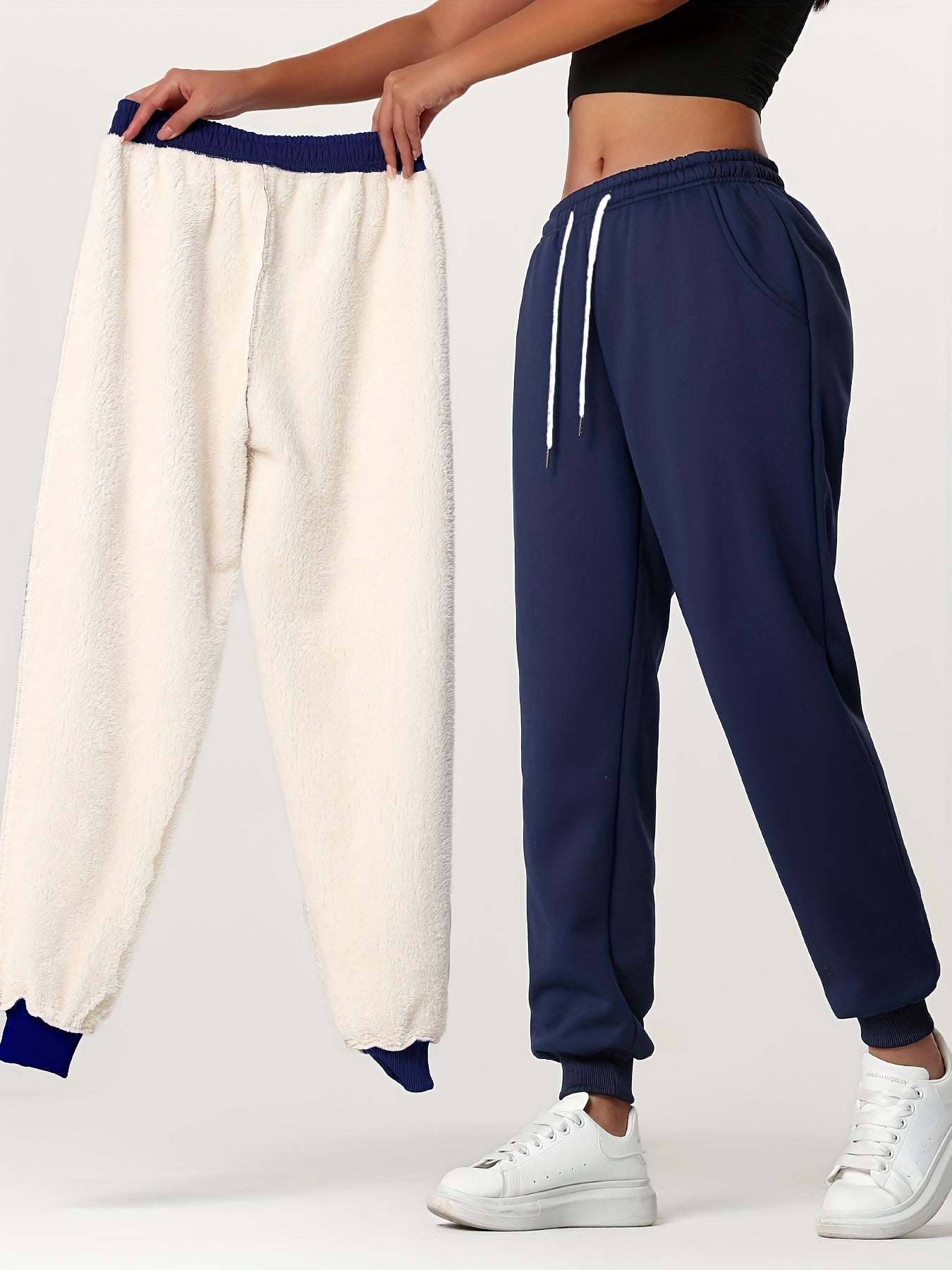 1pc Autumn Winter Women's Long Pants, Fleece-Lined Warm Casual Sports Trousers with Elastic Drawstring Waist, Slant Pockets, Windproof Thermal Cuffed Pants for Winter Daily Home Outing Hiking Leisure Wear