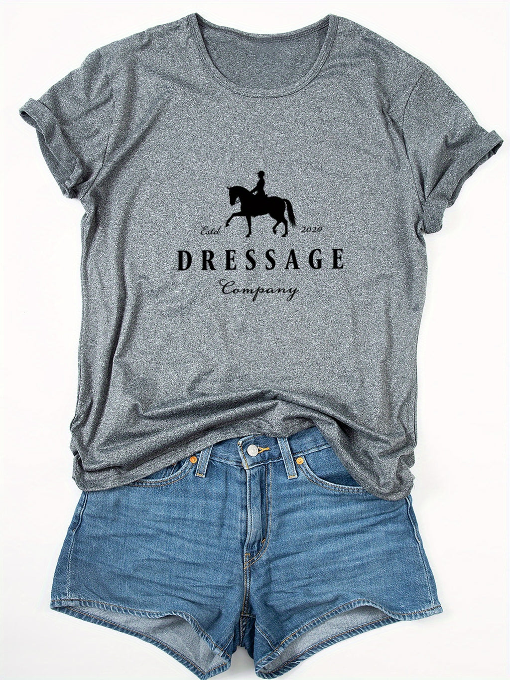 Women'S Elegant Dressage Graphic T-Shirt - White Tee with Black Dressage Text, Soft Breathable Polyester Blend Shirt for Equestrian Events, Casual Attire & Casual Outfits - All-Season Women'S Top, Horse T Shirt, Outdoor Activ