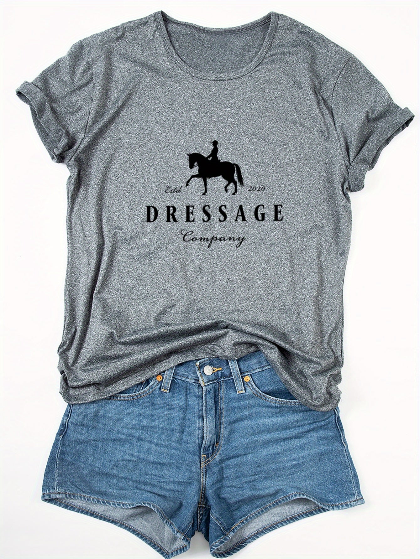 Women'S Elegant Dressage Graphic T-Shirt - White Tee with Black Dressage Text, Soft Breathable Polyester Blend Shirt for Equestrian Events, Casual Attire & Casual Outfits - All-Season Women'S Top, Horse T Shirt, Outdoor Activ