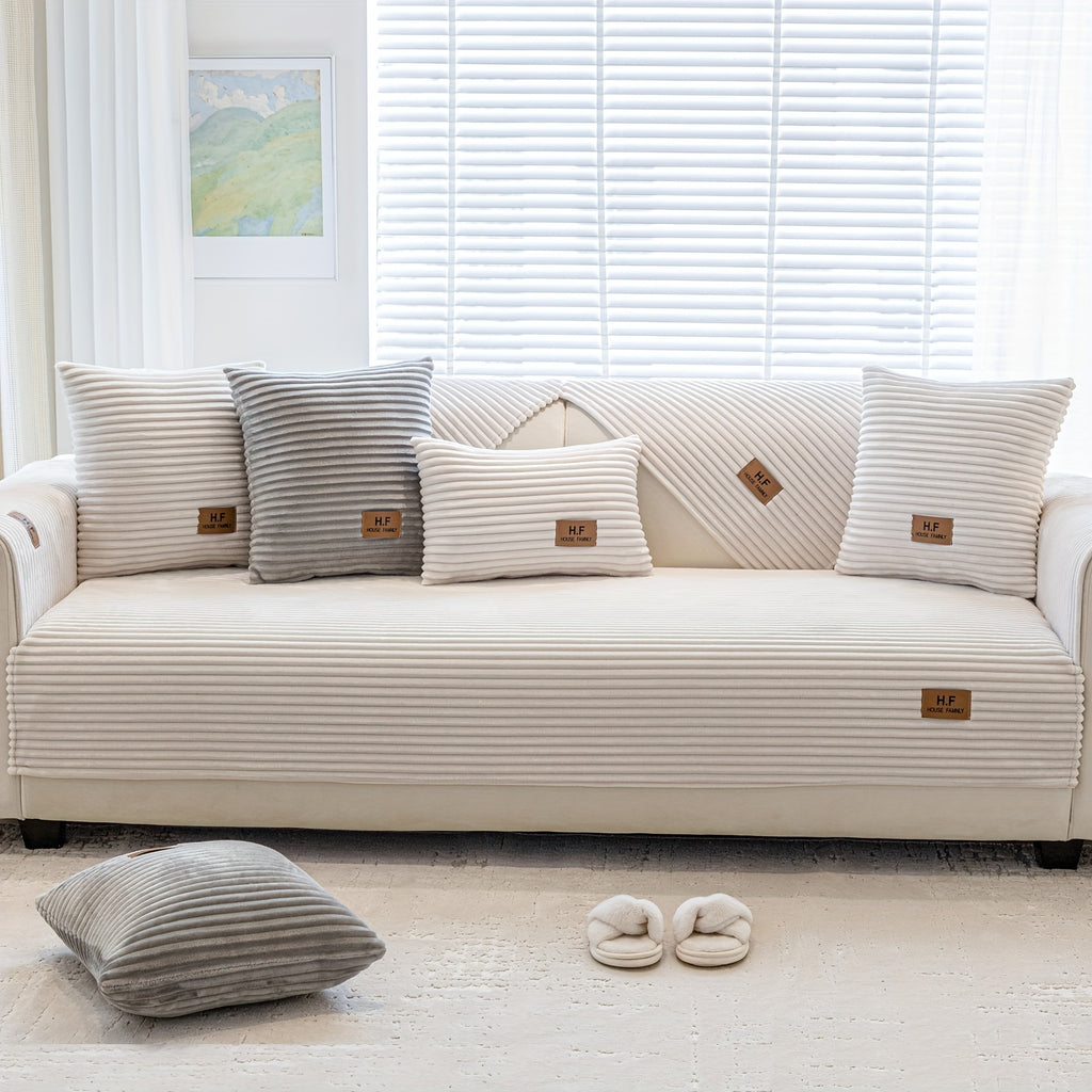 1pc HF Modern Plush Flannel Sofa Cushion Cover - Pet-Friendly Non-Slip Sofa Protector with Striped Design & Leather-Like Patches, Machine Washable Furniture Cover for 3/2/4-Seater, Living Room, Bedroom, Office Decor, Bedroom