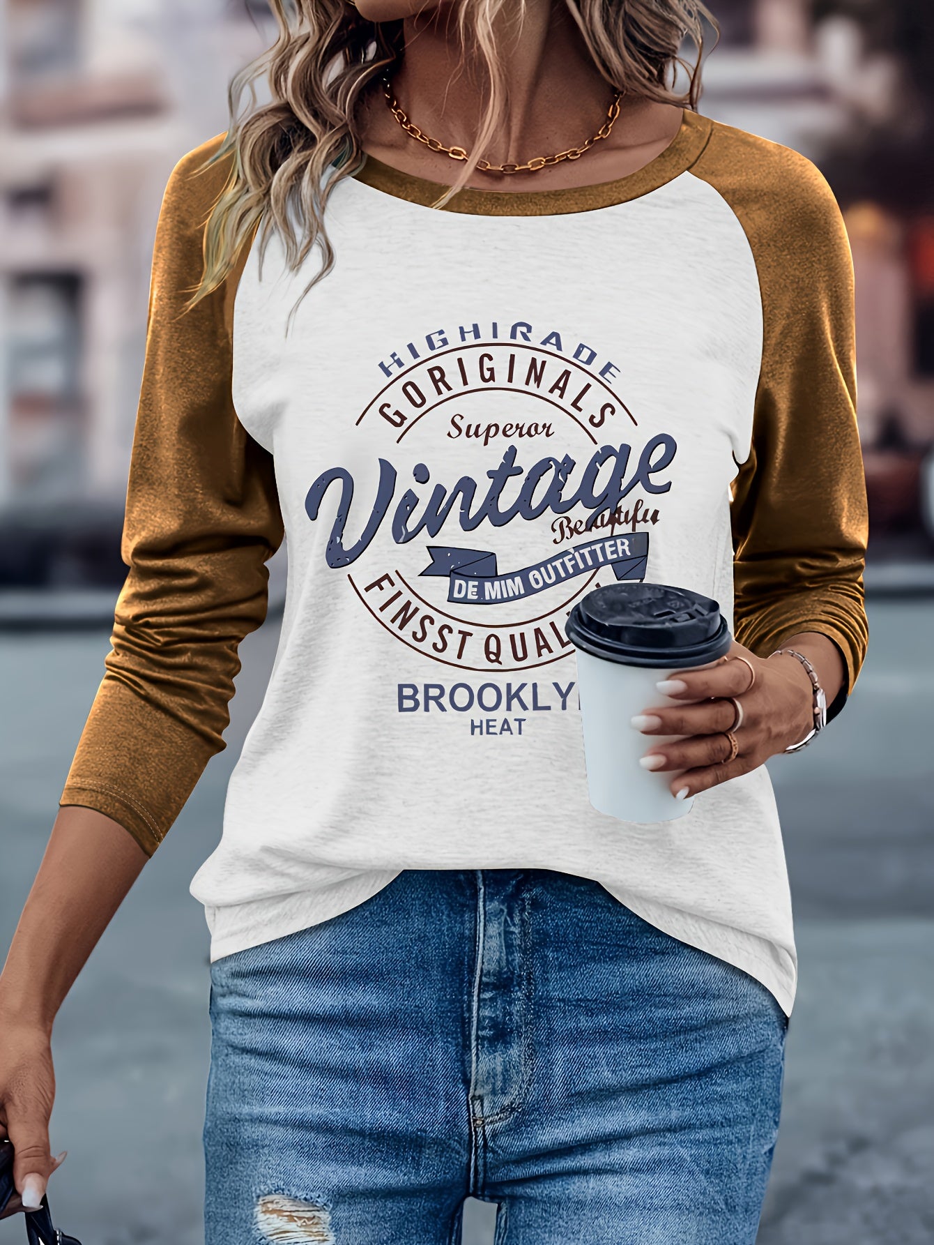 Women's Casual Long Sleeve Crew Neck T-Shirt - Vintage Brooklyn Letter Print, Heather Gray & Beige Color Block, Machine Washable Spring/Fall Top