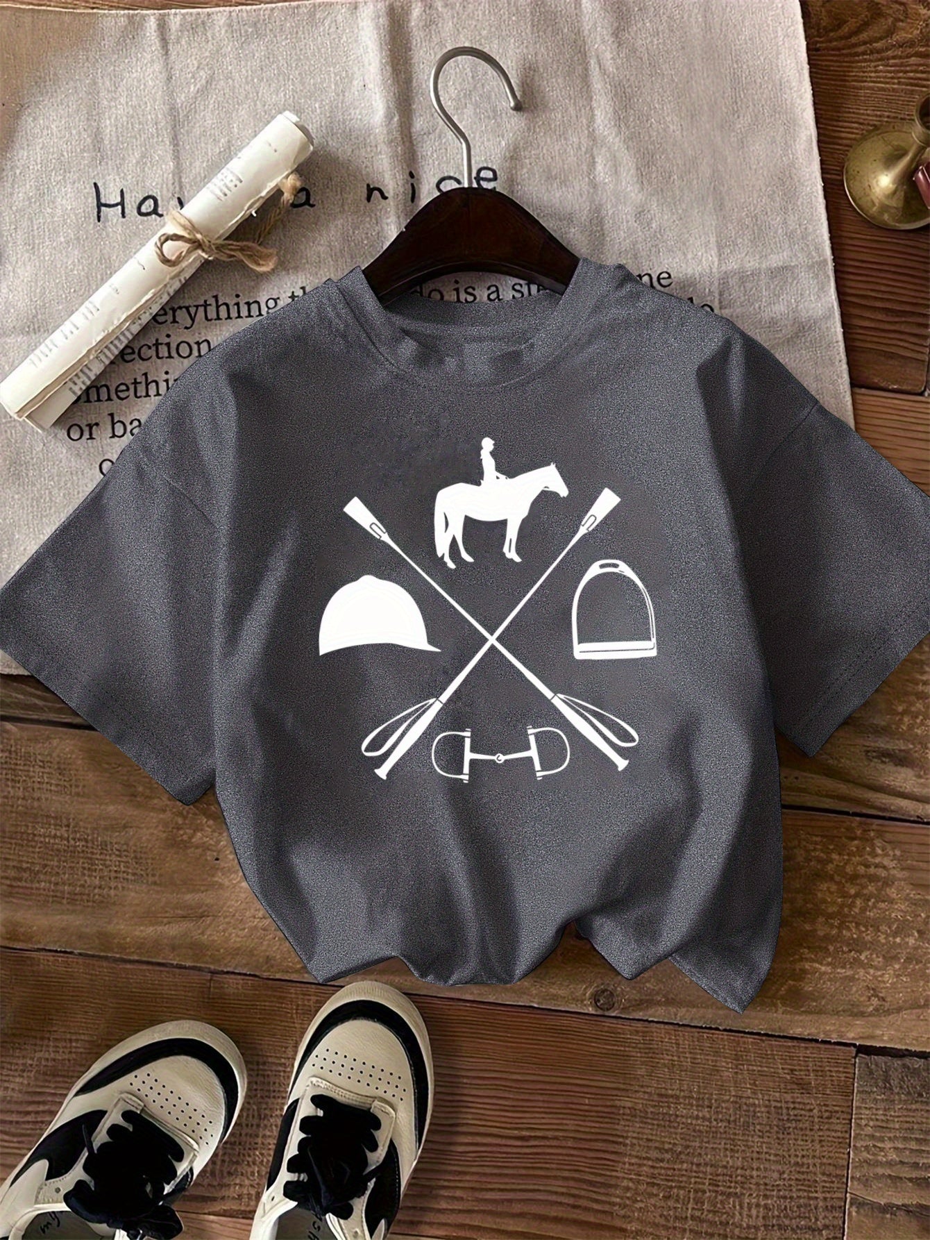 Women's Equestrian & Geometric Print Short Sleeve Crew Neck T-Shirt - Vibrant Red with Black Horseback Riding Design, Breathable Machine-Washable Casual Top for Summer, Spring & All-Season Wear, Horse Shirt, Summer Fashion, S