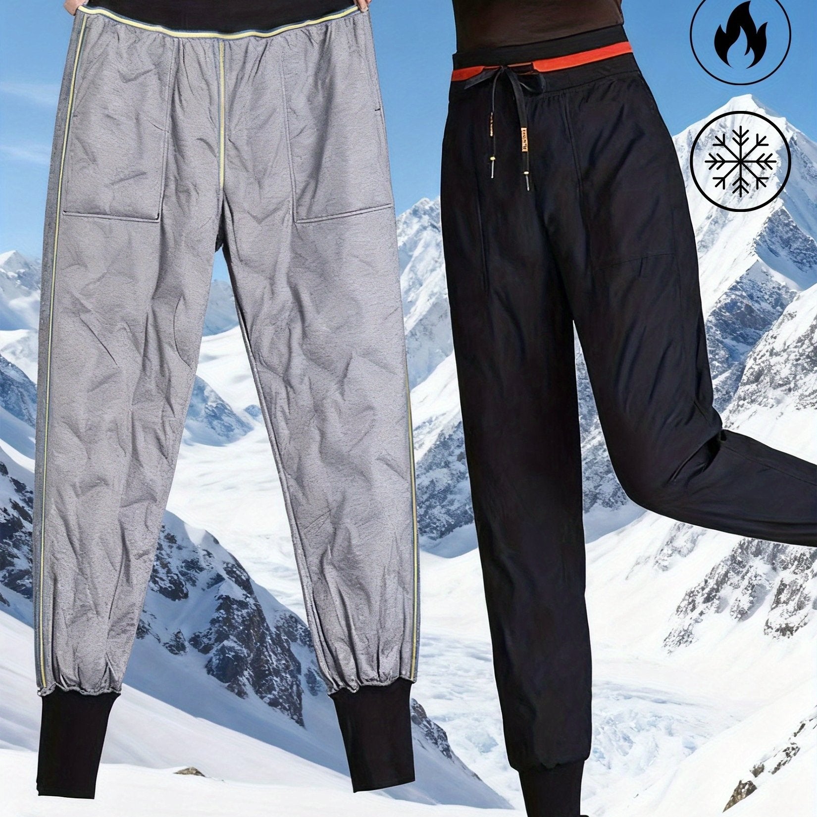 Women's Thermal Duck Down Pants - High-Waisted Winter Snow Pants with Duck Down Filling, Cuffed Trousers & Contrast Waistband, Elastic Drawstring Waist (No Belt) for Skiing, Snowboarding & Cold Weather (Casual)