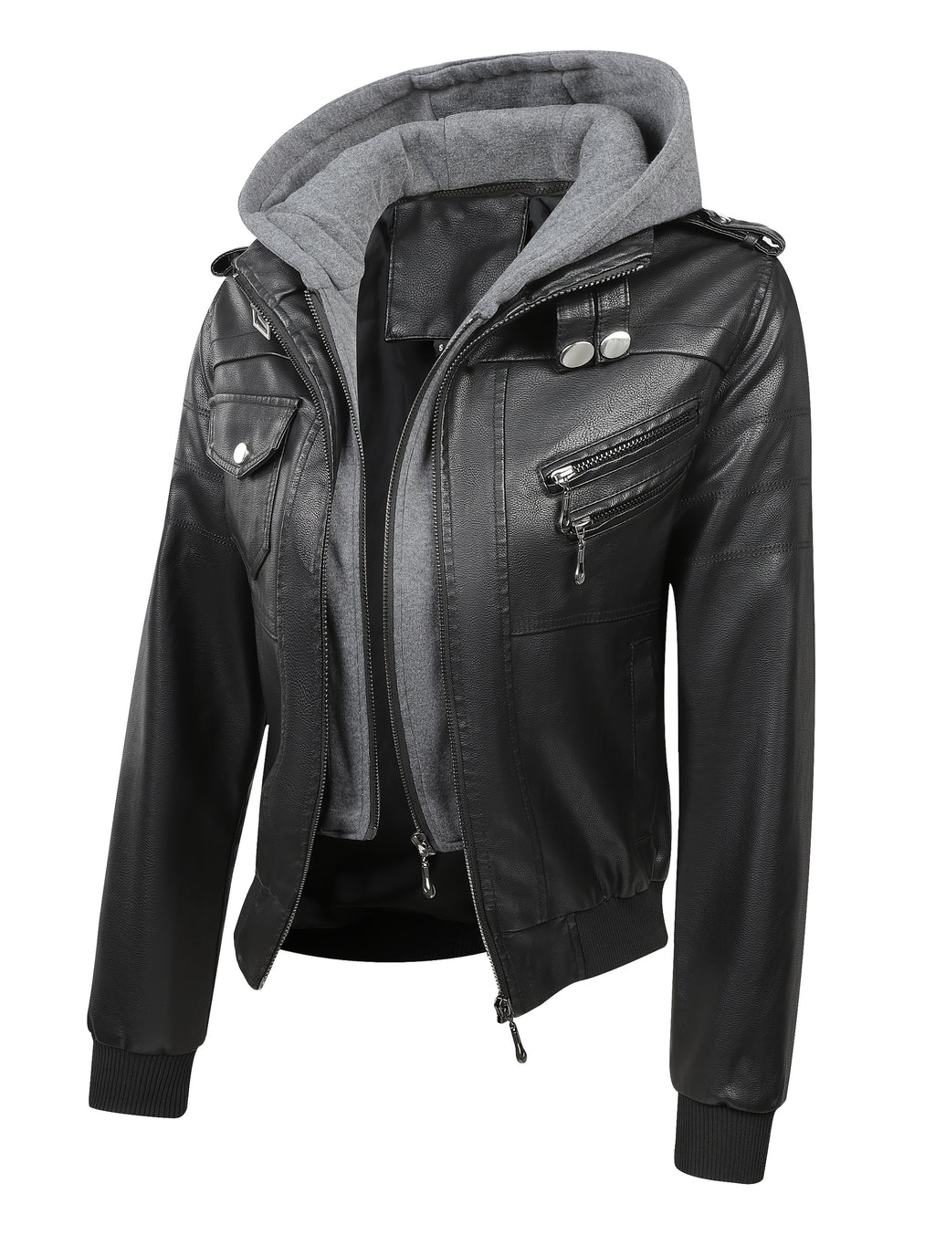 PUPU Women's Retro Leather Jacket - Black Long Sleeve Zipper Front Jacket with Pockets, Machine Washable Casual Outerwear for All Seasons