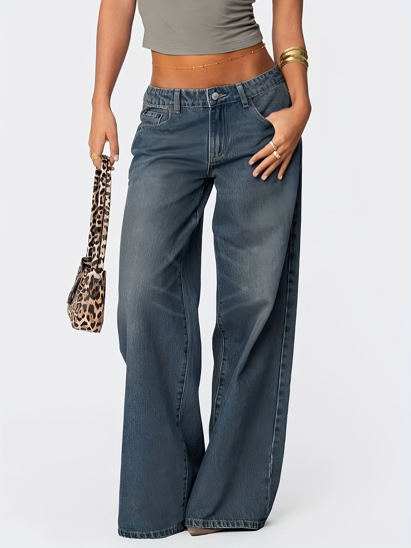 Women'S Y2K Vintage Washed Denim Pants - Retro Non-Stretch Straight-Leg Trousers with Button Closure, Low-Rise Casual Streetwear for Everyday & Urban Outfits, All-Season Comfort, Low Waist Design, Solid Color, Comfortable Fas