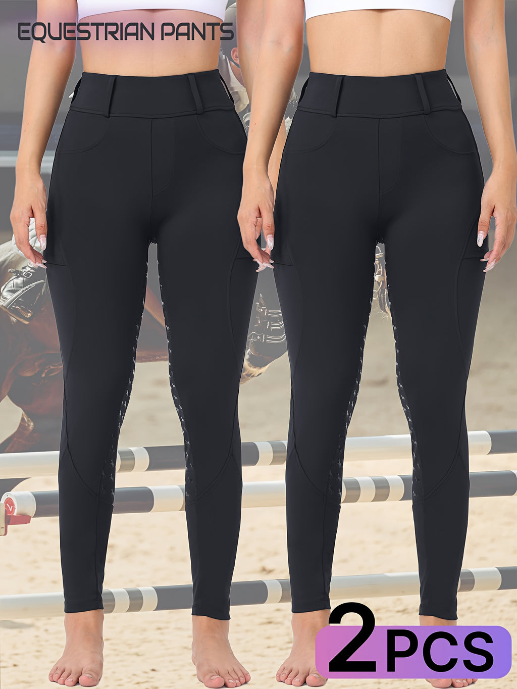 Two-Piece Women'S Equestrian Pants High-Waisted Butt-Lifting Breathable Riding Pants with Side Pockets, Full-Seat Silicone Quick-Dry Tight-Fitting Shaping High-Elasticity Anti-Slip Horseback Riding Pants Suitable for Professi