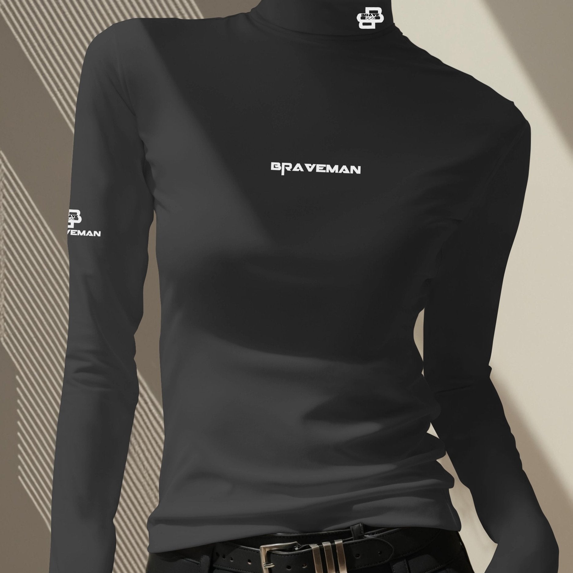 Women's Thermal Turtleneck Sweater Shirt - Long Sleeve White Base with Black Collar & B-Fit Logo Print, Slim-Fit Winter Layering Top, Hand Washable Stretchy -like Texture for Office, Casual & Cold Weather (No Bulk)