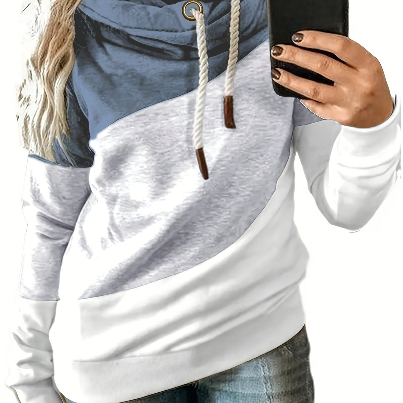 1pc Women'S Plus Size Casual Patchwork Hoodie - Polyester Knit Fabric with Slight Stretch, Hooded Collar, Long Sleeve Pullover for Fall/Winter