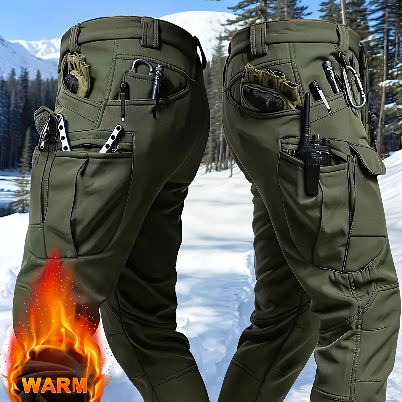 1pc Men's Fleece-Lined Warm Tactical Cargo Pants, Winter Thickened Style with Multiple Front and Back Zippers & Side Slanting Flap Patches for Outdoor Hiking/Fishing, Cold Weather Clothing, Fishing Pants, Rugged Design, Tacti