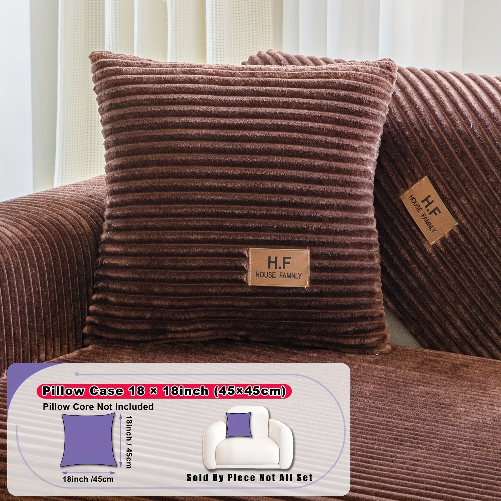 1pc HF Modern Plush Flannel Sofa Cushion Cover - Pet-Friendly Non-Slip Sofa Protector with Striped Design & Leather-Like Patches, Machine Washable Furniture Cover for 3/2/4-Seater, Living Room, Bedroom, Office Decor, Bedroom