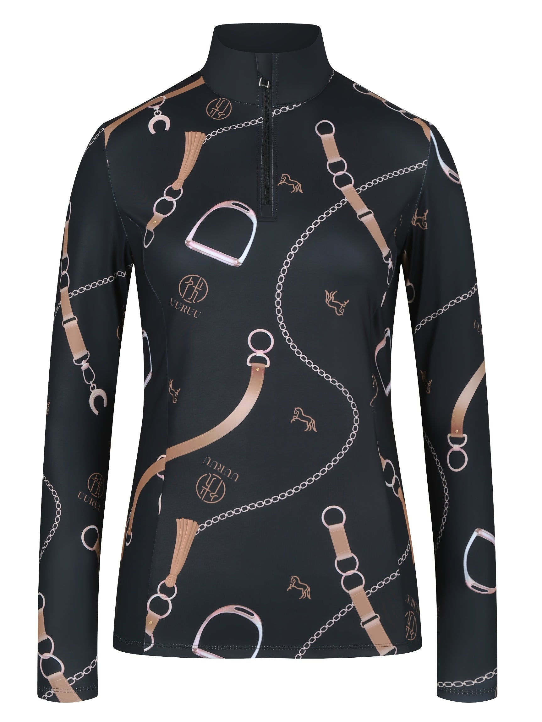 Printed Women's Long Sleeve Equestrian Top, High Stretch Slim Fit Riding Apparel with Contrast Colors and Stand Collar for Horse Competitions - May Have White Stains from Printing