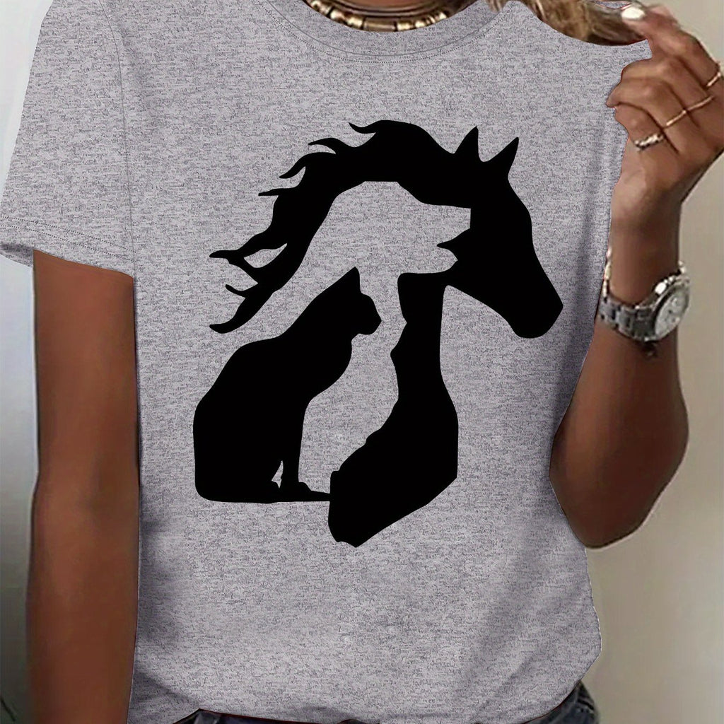 Women'S Casual Crew Neck T-Shirt with Unique Horse and Cat Silhouette Graphic, Short Sleeve Polyester Tee for Casual Attire, Allseason Top | Trendy Casual Style | Comfortable Fi