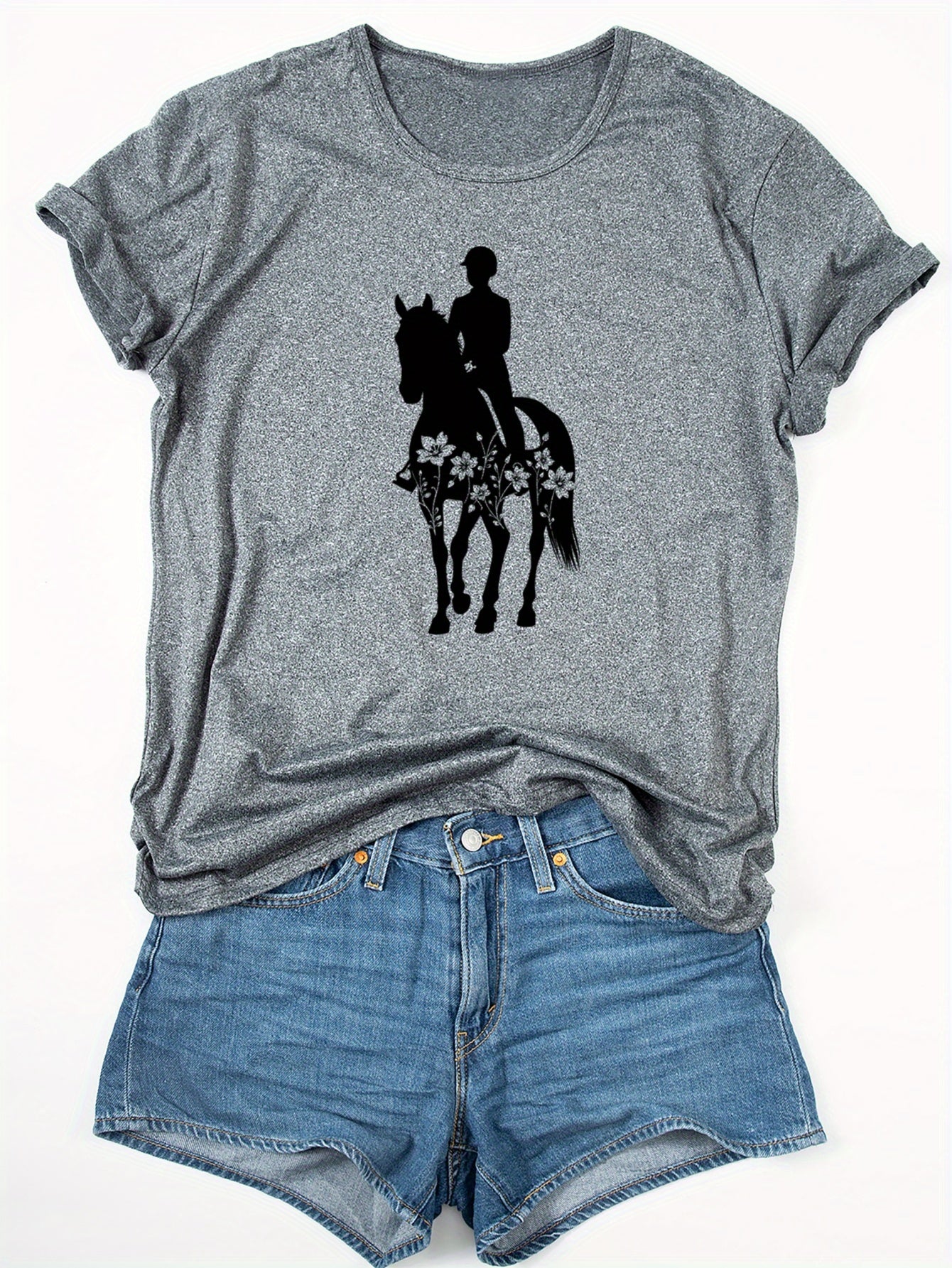 Women'S Equestrian Graphic Tee - Soft Breathable Quick-Dry Polyester Blend T-Shirt, Black with White Horseback Rider Design, All-Season Casual Shirt for Horseback Riding, Everyday Outfits & Themed Events - Easy Care Round Nec