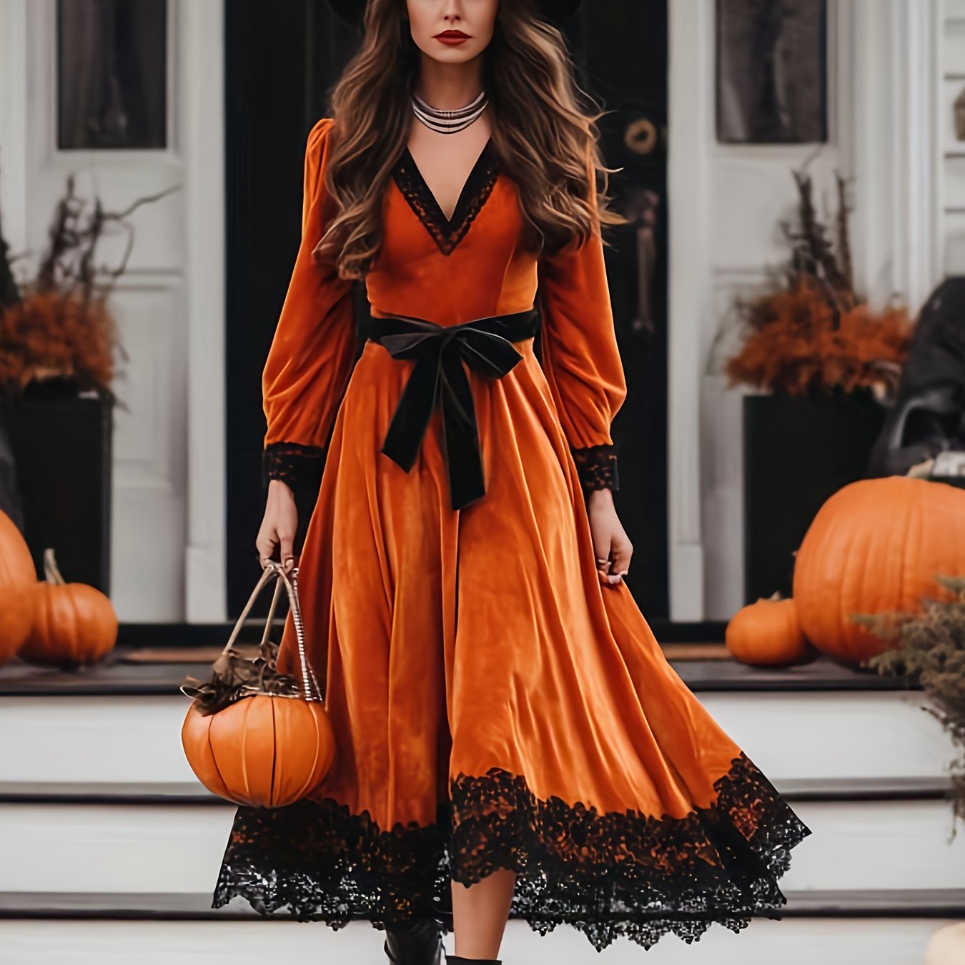 Women's Elegant Vintage Gothic Lace Victorian-Inspired Maxi Dress with & Train - Machine Washable Orange & Black Contrast Long Sleeve Party Dress for Halloween, Autumn Events, Themed Costume Parties - Structured Waist & Flowi