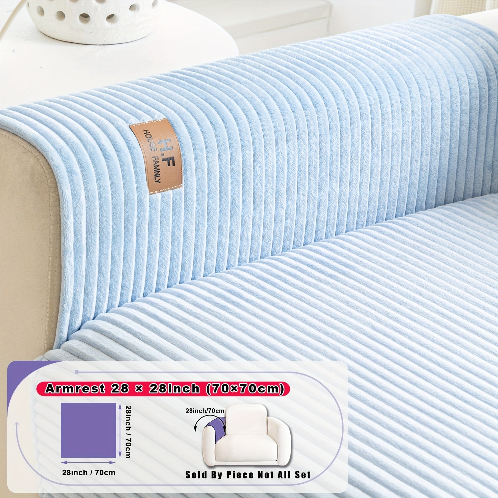 1pc HF Modern Plush Flannel Sofa Cushion Cover - Pet-Friendly Non-Slip Sofa Protector with Striped Design & Leather-Like Patches, Machine Washable Furniture Cover for 3/2/4-Seater, Living Room, Bedroom, Office Decor, Bedroom