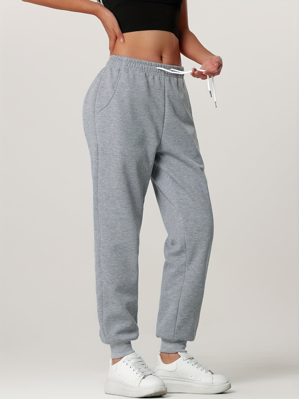 1pc Autumn Winter Women's Long Pants, Fleece-Lined Warm Casual Sports Trousers with Elastic Drawstring Waist, Slant Pockets, Windproof Thermal Cuffed Pants for Winter Daily Home Outing Hiking Leisure Wear