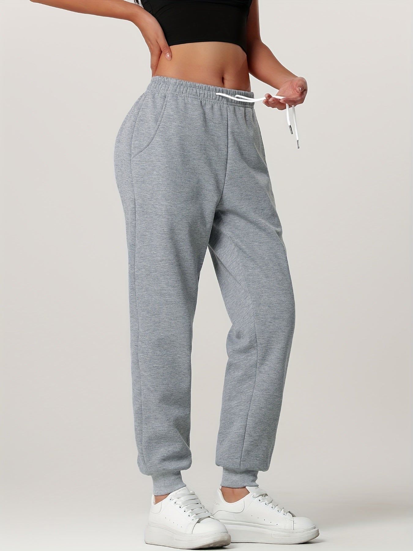 1pc Autumn Winter Women's Long Pants, Fleece-Lined Warm Casual Sports Trousers with Elastic Drawstring Waist, Slant Pockets, Windproof Thermal Cuffed Pants for Winter Daily Home Outing Hiking Leisure Wear