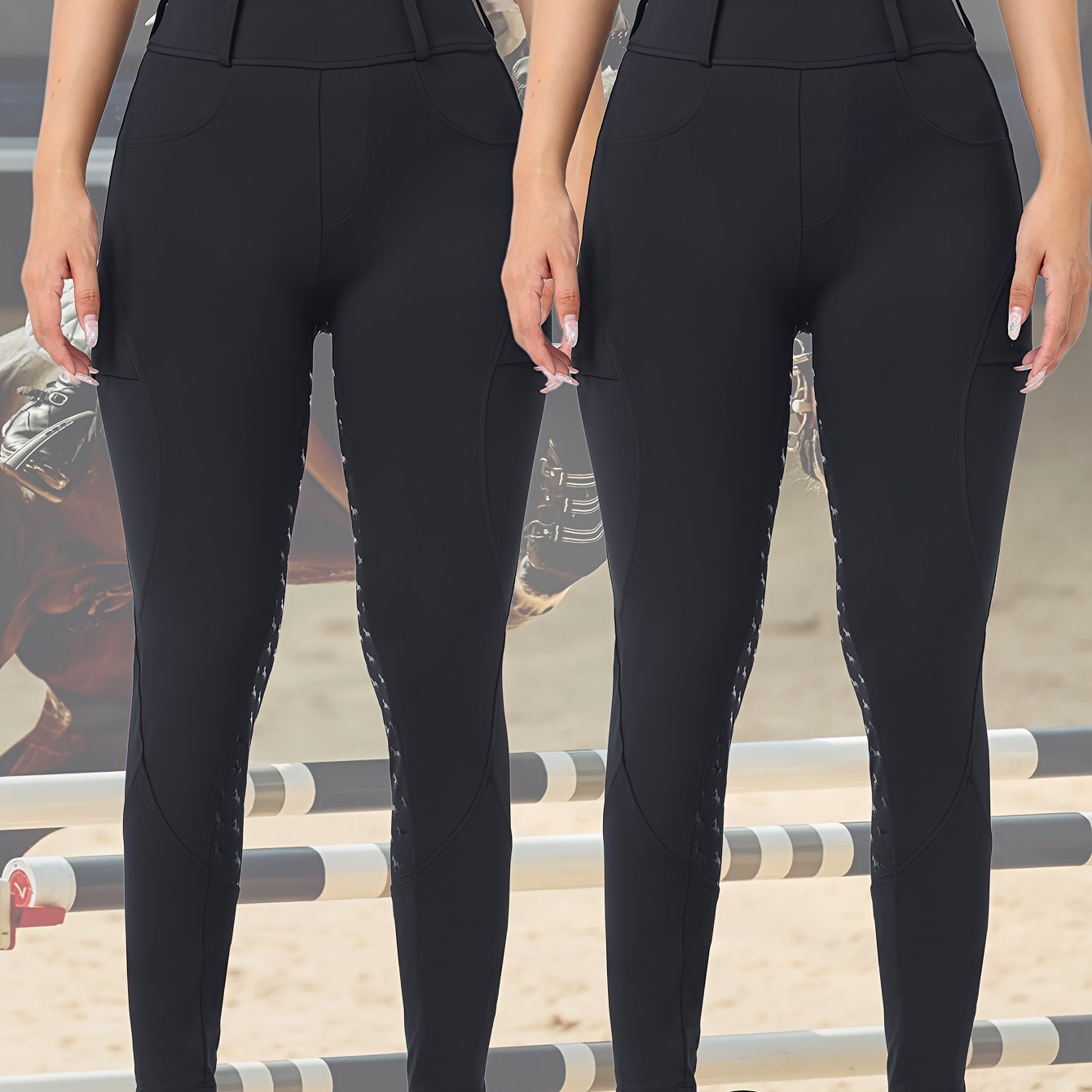 Two-Piece Women'S Equestrian Pants High-Waisted Butt-Lifting Breathable Riding Pants with Side Pockets, Full-Seat Silicone Quick-Dry Tight-Fitting Shaping High-Elasticity Anti-Slip Horseback Riding Pants Suitable for Professi