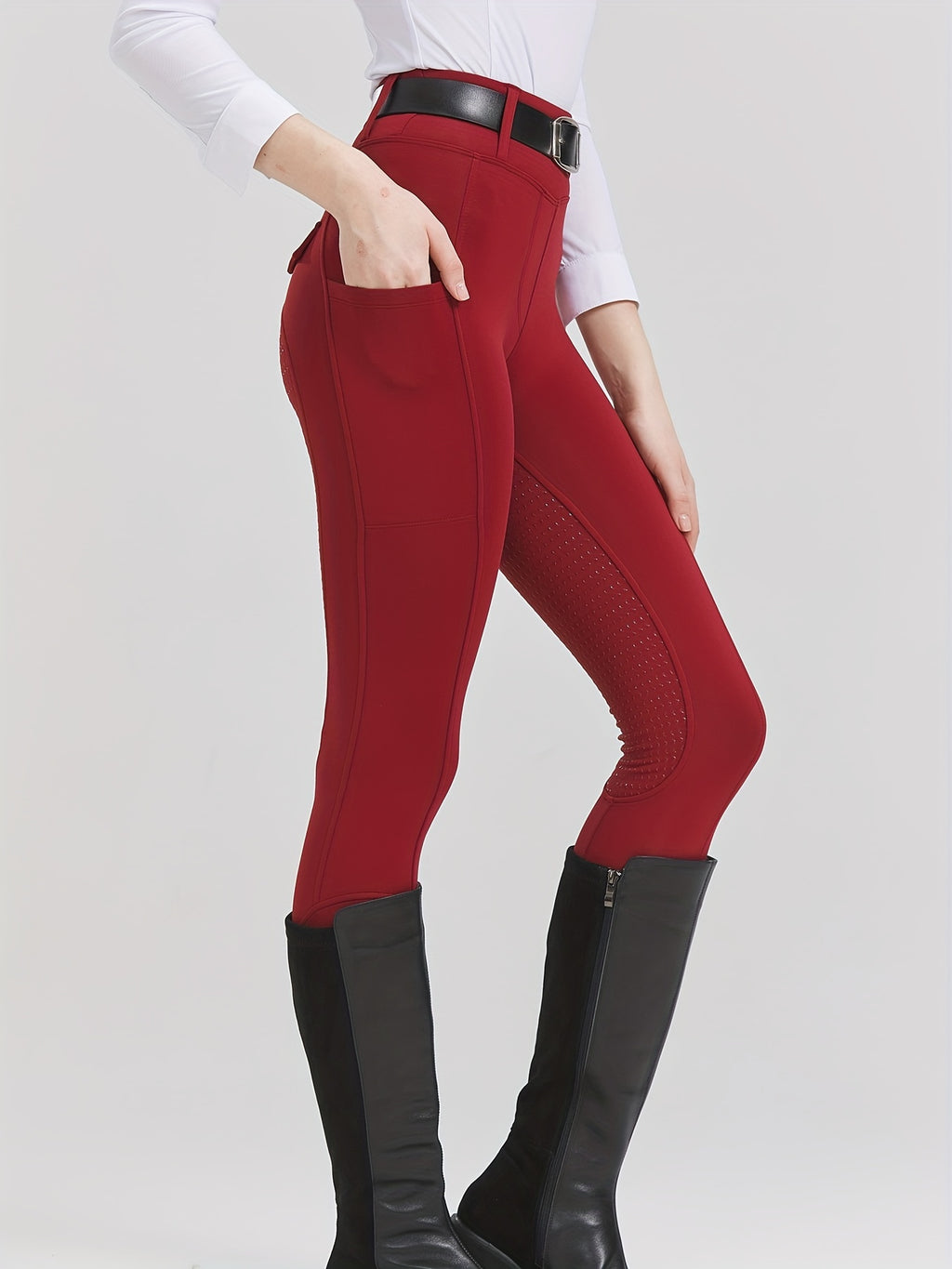 High-Elasticity Brushed Fabric Equestrian Pants with Silicone Grip, All-Season Horse Riding Tights with Pockets, Breathable and Durable