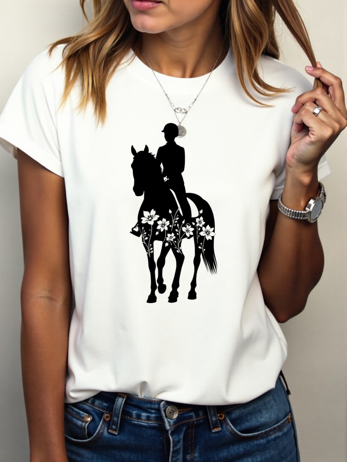 Women'S Equestrian Graphic Tee - Soft Breathable Quick-Dry Polyester Blend T-Shirt, Black with White Horseback Rider Design, All-Season Casual Shirt for Horseback Riding, Everyday Outfits & Themed Events - Easy Care Round Nec
