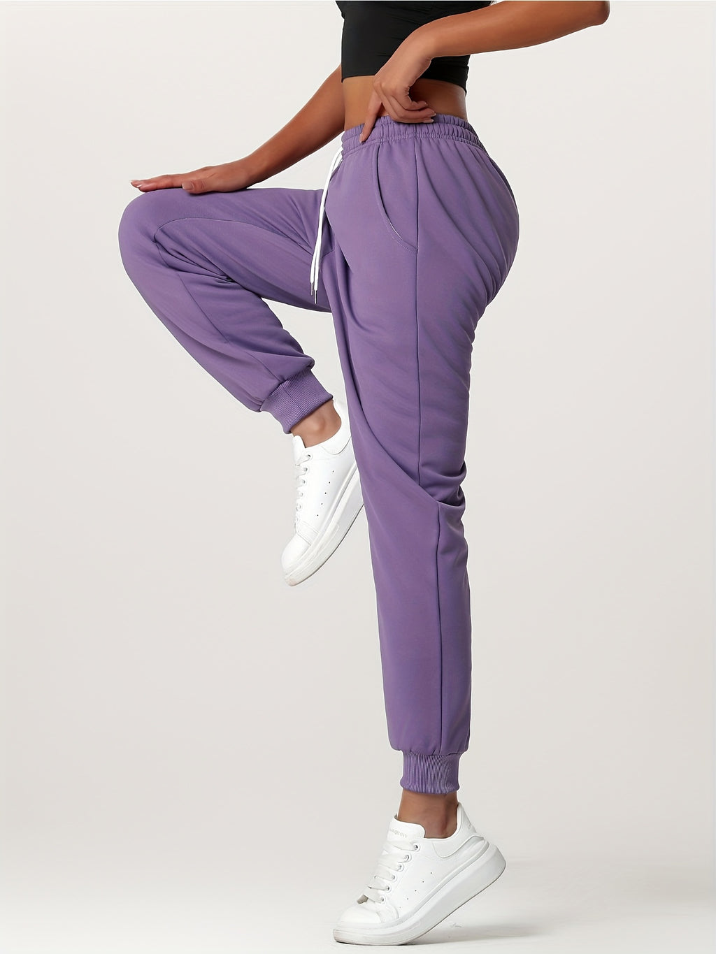 1pc Autumn Winter Women's Long Pants, Fleece-Lined Warm Casual Sports Trousers with Elastic Drawstring Waist, Slant Pockets, Windproof Thermal Cuffed Pants for Winter Daily Home Outing Hiking Leisure Wear