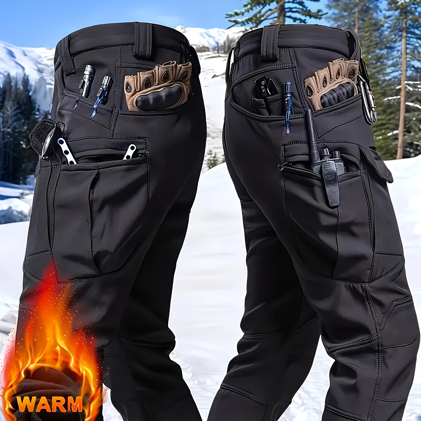 1pc Men's Fleece-Lined Warm Tactical Cargo Pants, Winter Thickened Style with Multiple Front and Back Zippers & Side Slanting Flap Patches for Outdoor Hiking/Fishing, Cold Weather Clothing, Fishing Pants, Rugged Design, Tacti