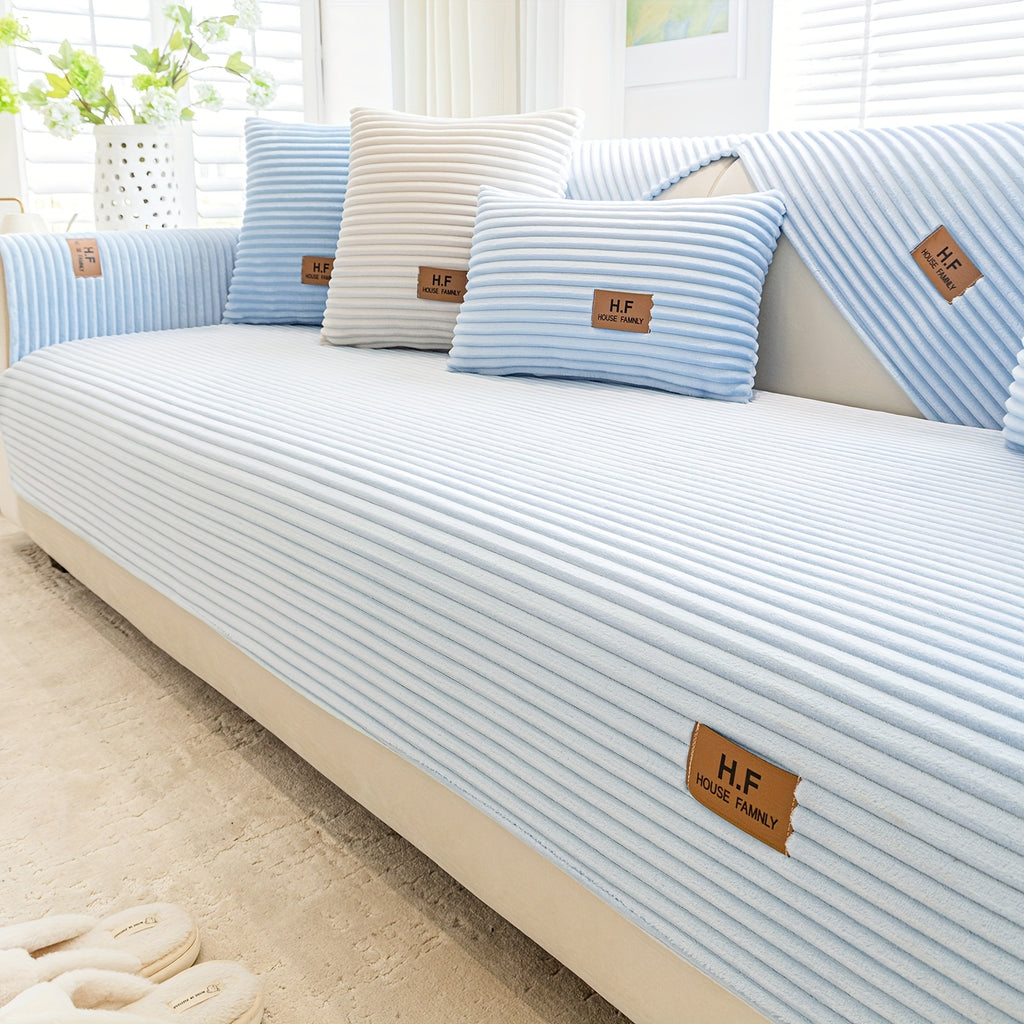 1pc HF Modern Plush Flannel Sofa Cushion Cover - Pet-Friendly Non-Slip Sofa Protector with Striped Design & Leather-Like Patches, Machine Washable Furniture Cover for 3/2/4-Seater, Living Room, Bedroom, Office Decor, Bedroom