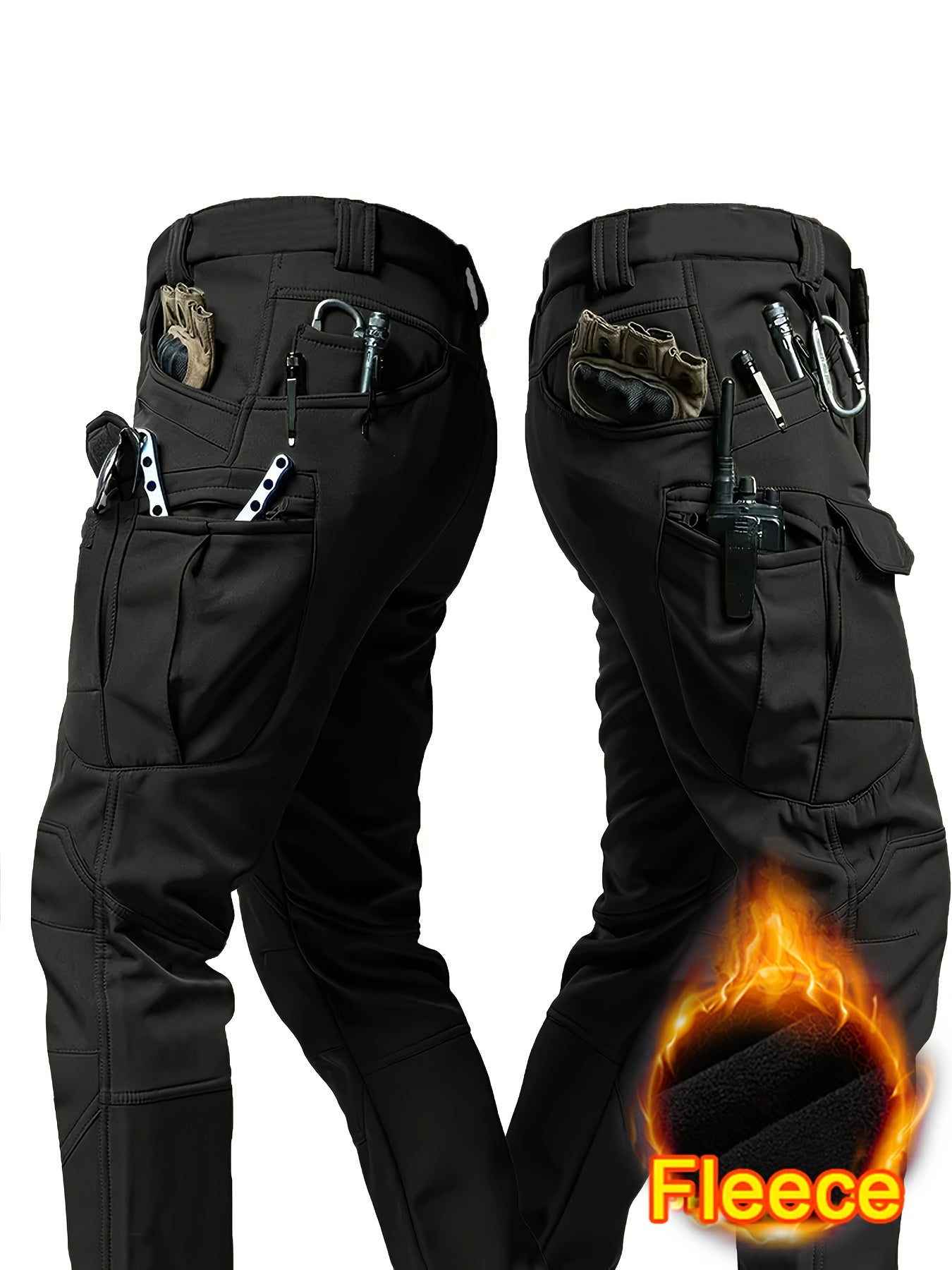 1pc Men's Fleece-Lined Warm Tactical Cargo Pants, Winter Thickened Style with Multiple Front and Back Zippers & Side Slanting Flap Patches for Outdoor Hiking/Fishing, Cold Weather Clothing, Fishing Pants, Rugged Design, Tacti