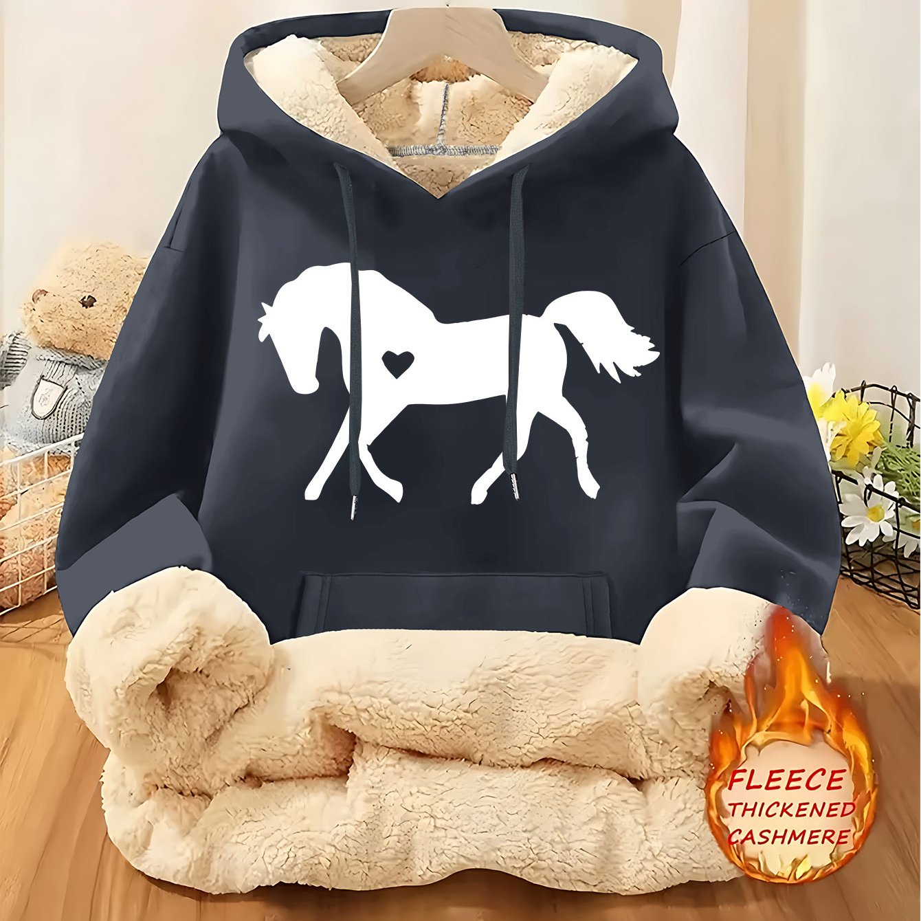 Women's Horse Print Hoodie Jacket - Pocket & Adjustable Hood, Cozy Winter Warm Pullover, Casual Long Sleeve Sizes XS-XXL (Machine Washable) - Fall & Winter Outerwear for Horseback Riding & Casual Attire