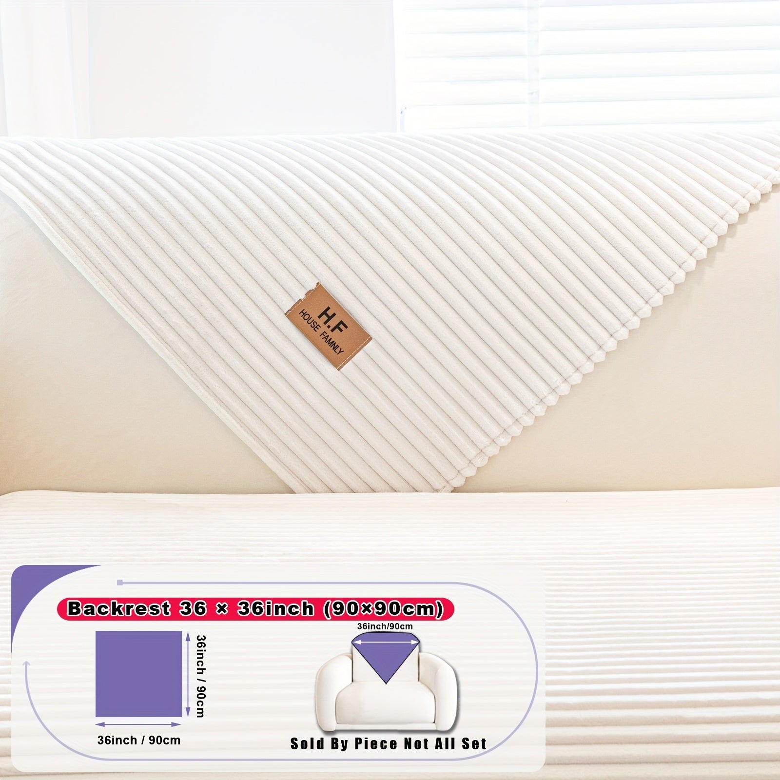 1pc HF Modern Plush Flannel Sofa Cushion Cover - Pet-Friendly Non-Slip Sofa Protector with Striped Design & Leather-Like Patches, Machine Washable Furniture Cover for 3/2/4-Seater, Living Room, Bedroom, Office Decor, Bedroom