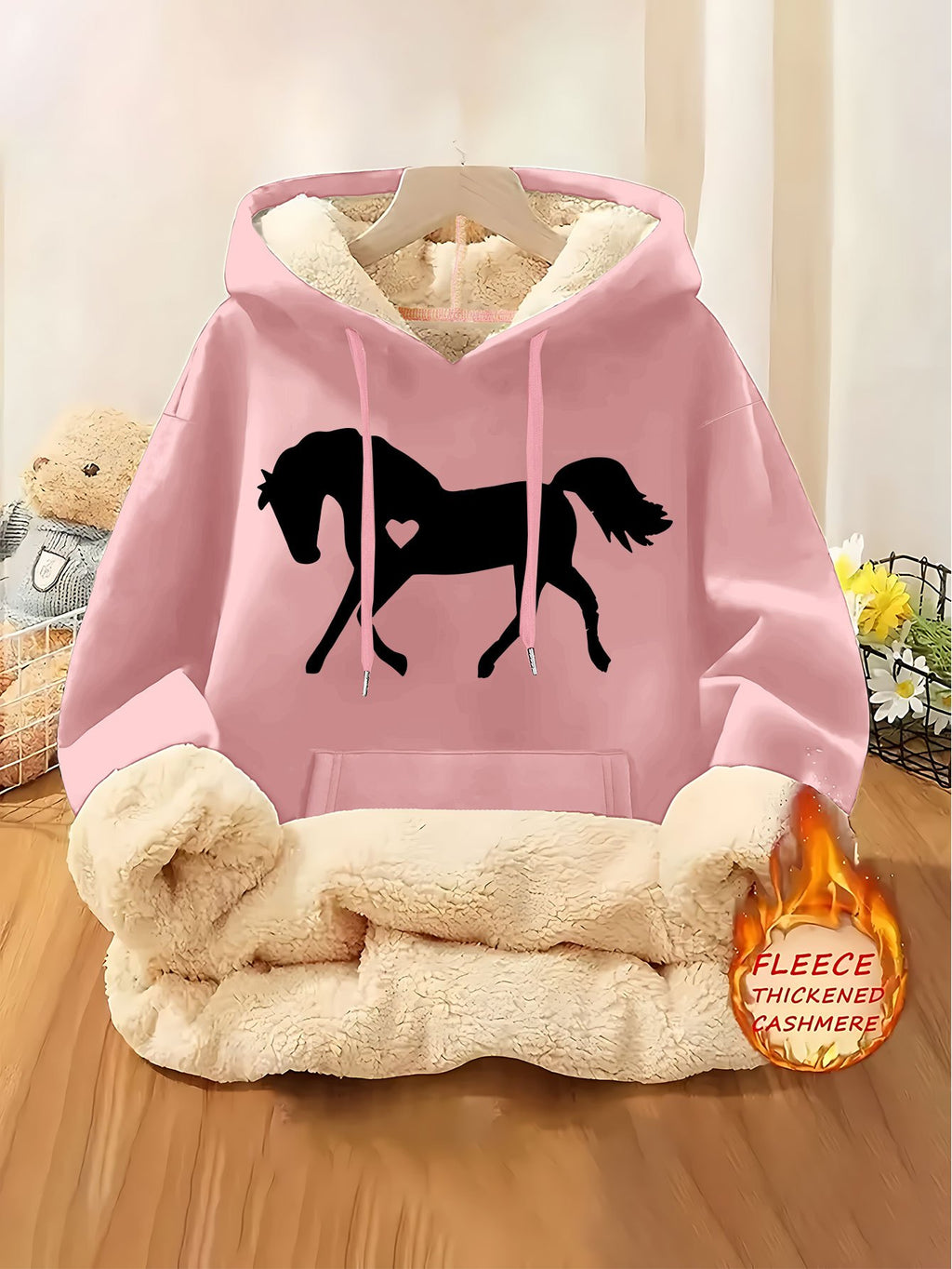 Women's Horse Print Hoodie Jacket - Pocket & Adjustable Hood, Cozy Winter Warm Pullover, Casual Long Sleeve Sizes XS-XXL (Machine Washable) - Fall & Winter Outerwear for Horseback Riding & Casual Attire