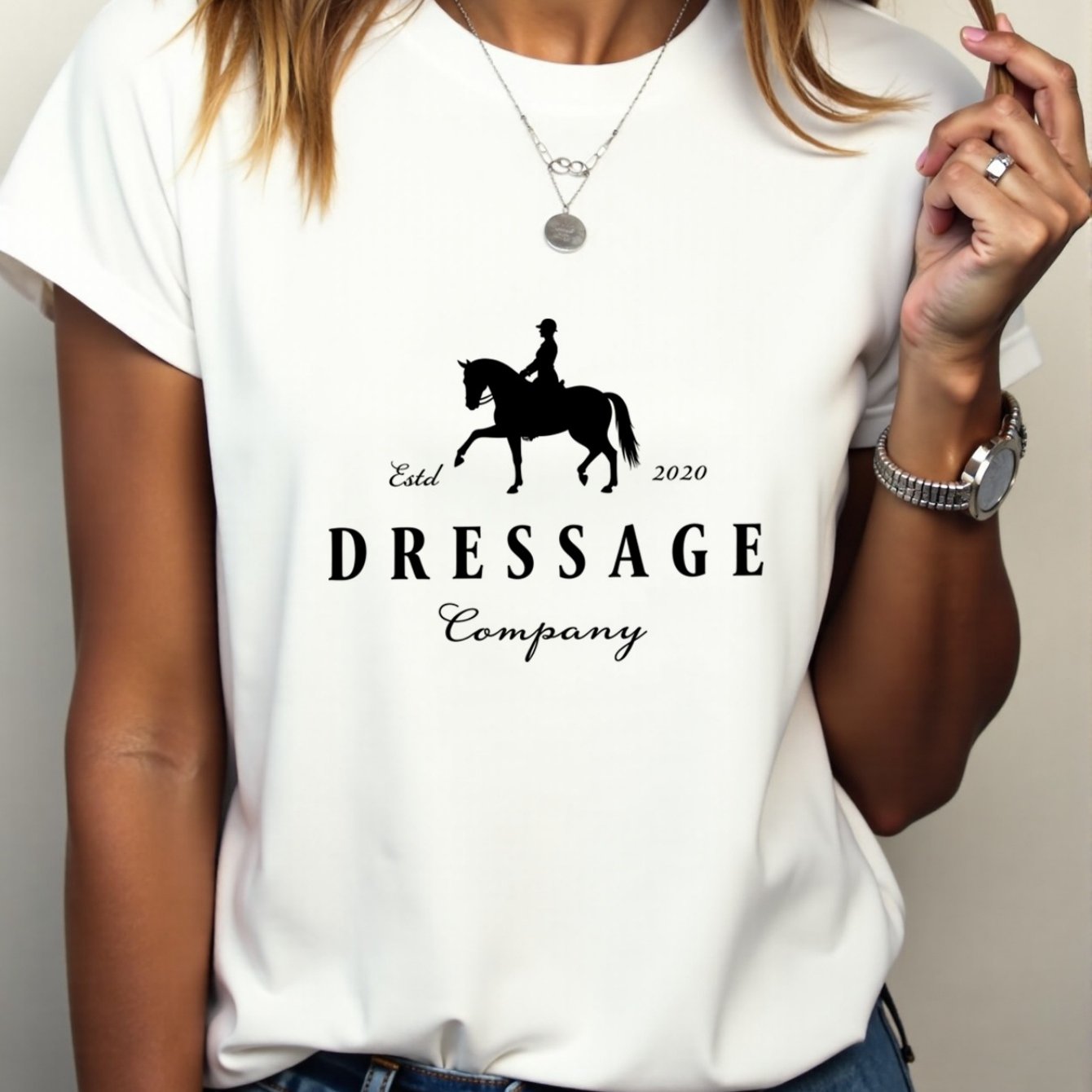Women'S Elegant Dressage Graphic T-Shirt - White Tee with Black Dressage Text, Soft Breathable Polyester Blend Shirt for Equestrian Events, Casual Attire & Casual Outfits - All-Season Women'S Top, Horse T Shirt, Outdoor Activ