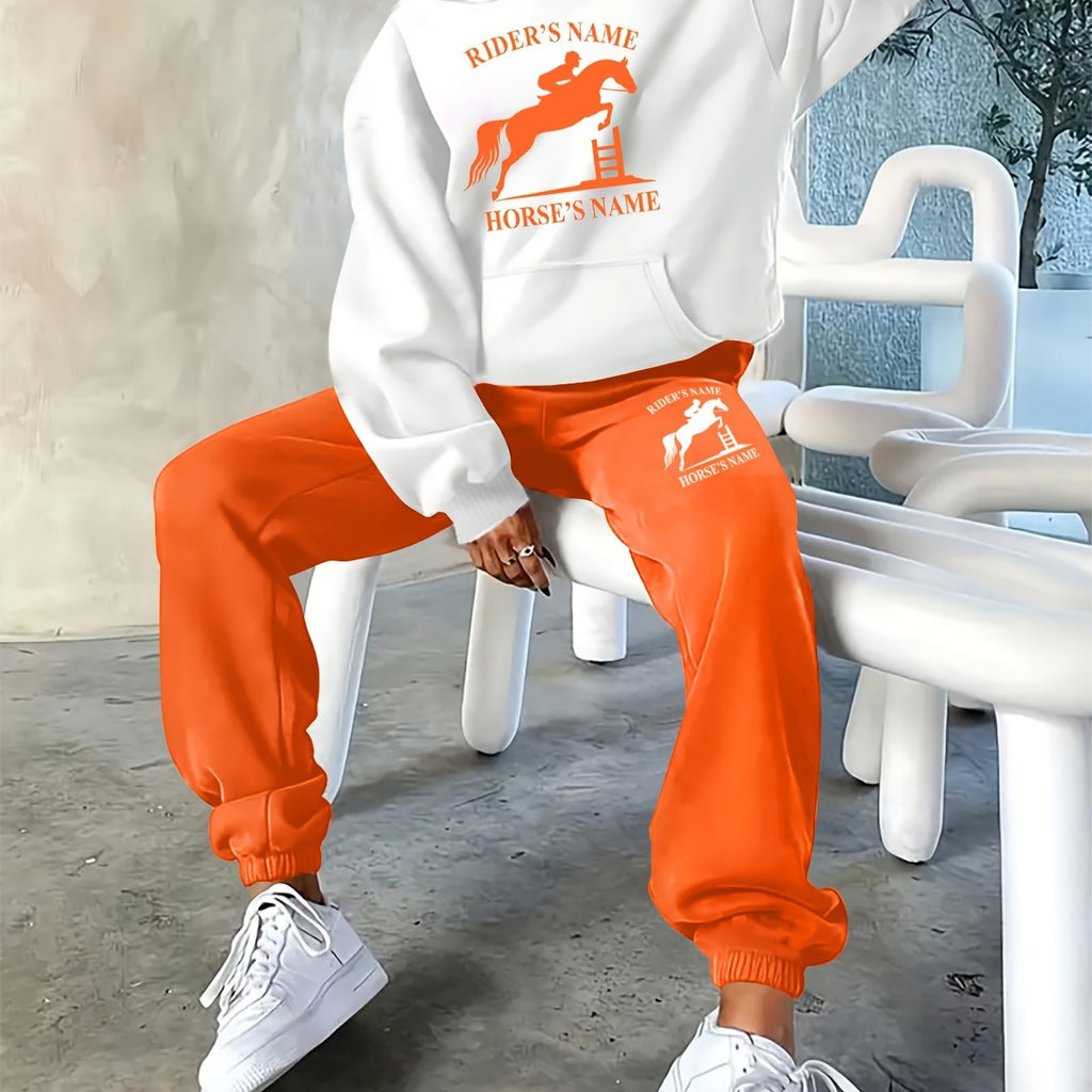 2025 Autumn/Winter New Arrival, Rider and Horse Pattern, Casual Letter Print Loose Warm Long Sleeve Hooded Sweatshirt and Drawstring Pants Women'S Two-Piece Set, Winter Clothing, Casual Wear, Trendy Outfit, Hooded Sweatshirt,